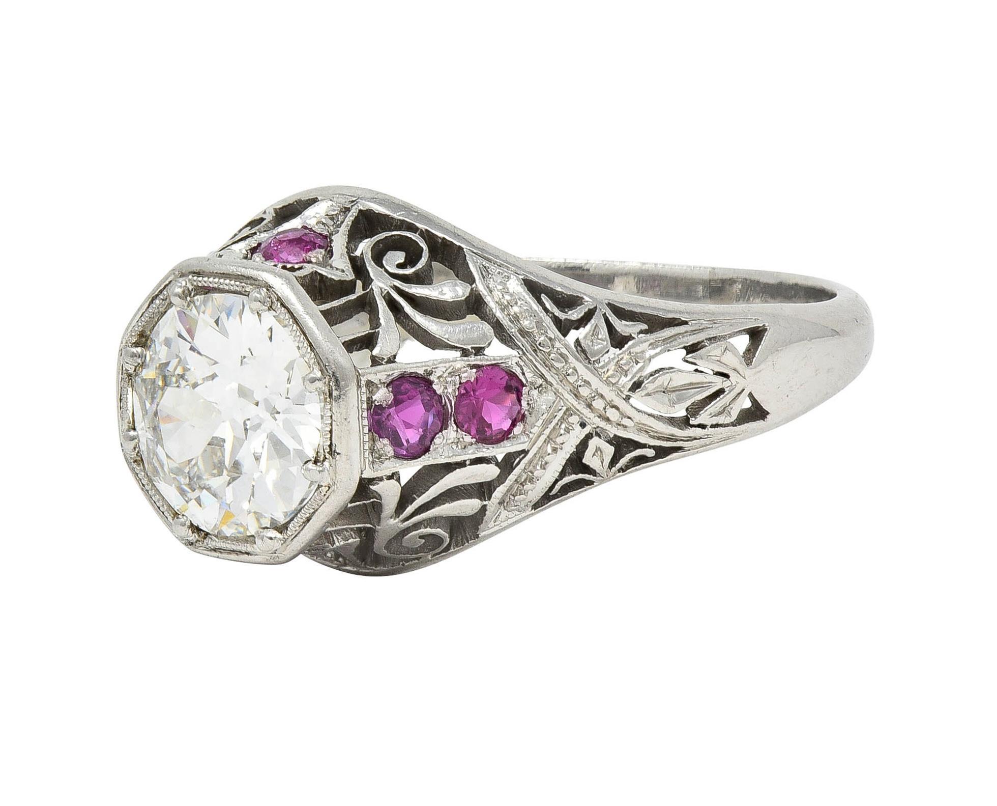 Art Deco 1.36 CTW Diamond Ruby Platinum Octagonal Vintage Engagement Ring For Sale 3
