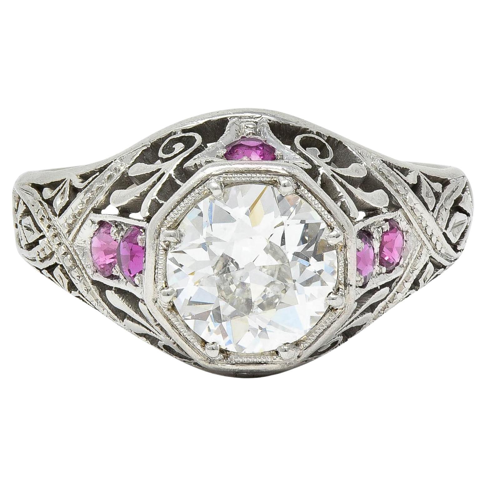 Art Deco 1.36 CTW Diamond Ruby Platinum Octagonal Vintage Engagement Ring For Sale