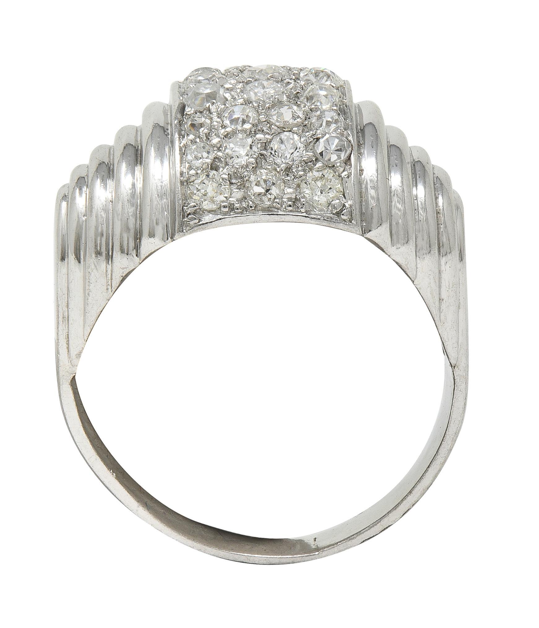 Art Deco 1.36 CTW Old European Cut Diamond Platinum Vintage Stepped Dome Ring In Excellent Condition For Sale In Philadelphia, PA