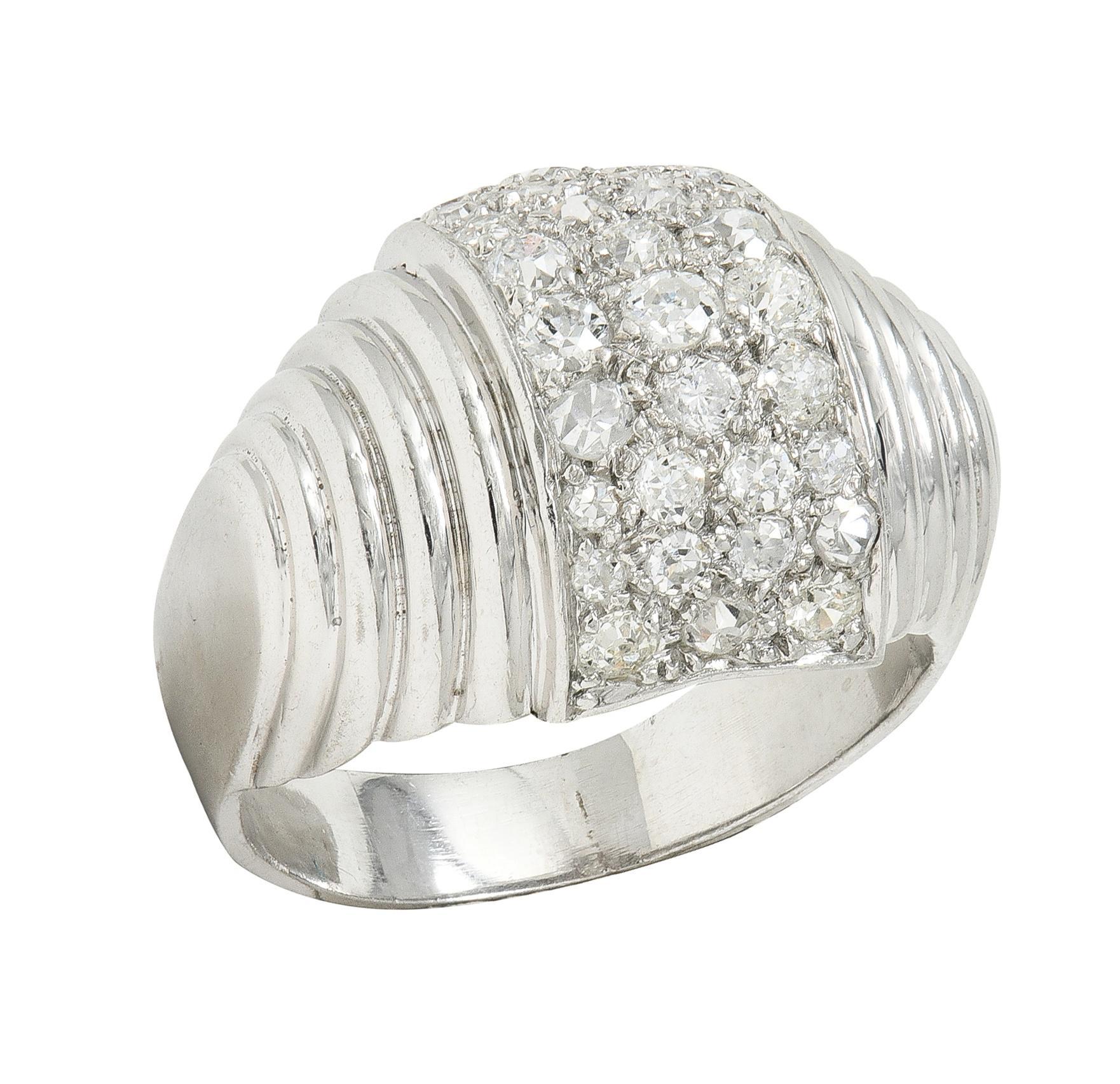 Art Deco 1.36 CTW Old European Cut Diamond Platinum Vintage Stepped Dome Ring For Sale 3