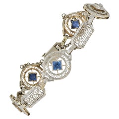 Art Deco 1.36 CTW Sapphire Diamond 14 Karat White Gold Vintage Heart Bracelet