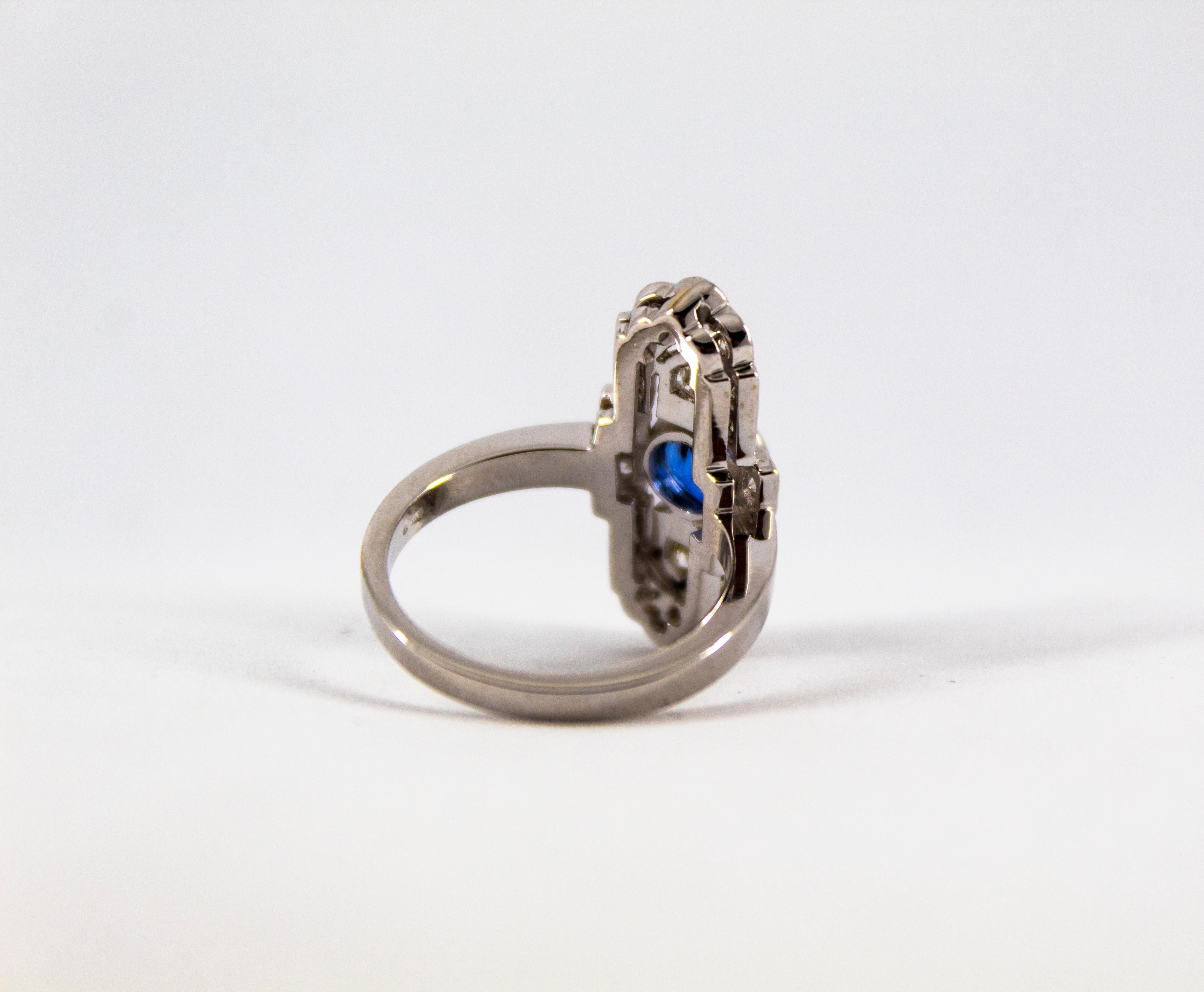 Art Deco Style 1.37 Carat Blue Sapphire 0.54 Carat Diamond White Gold Ring 5