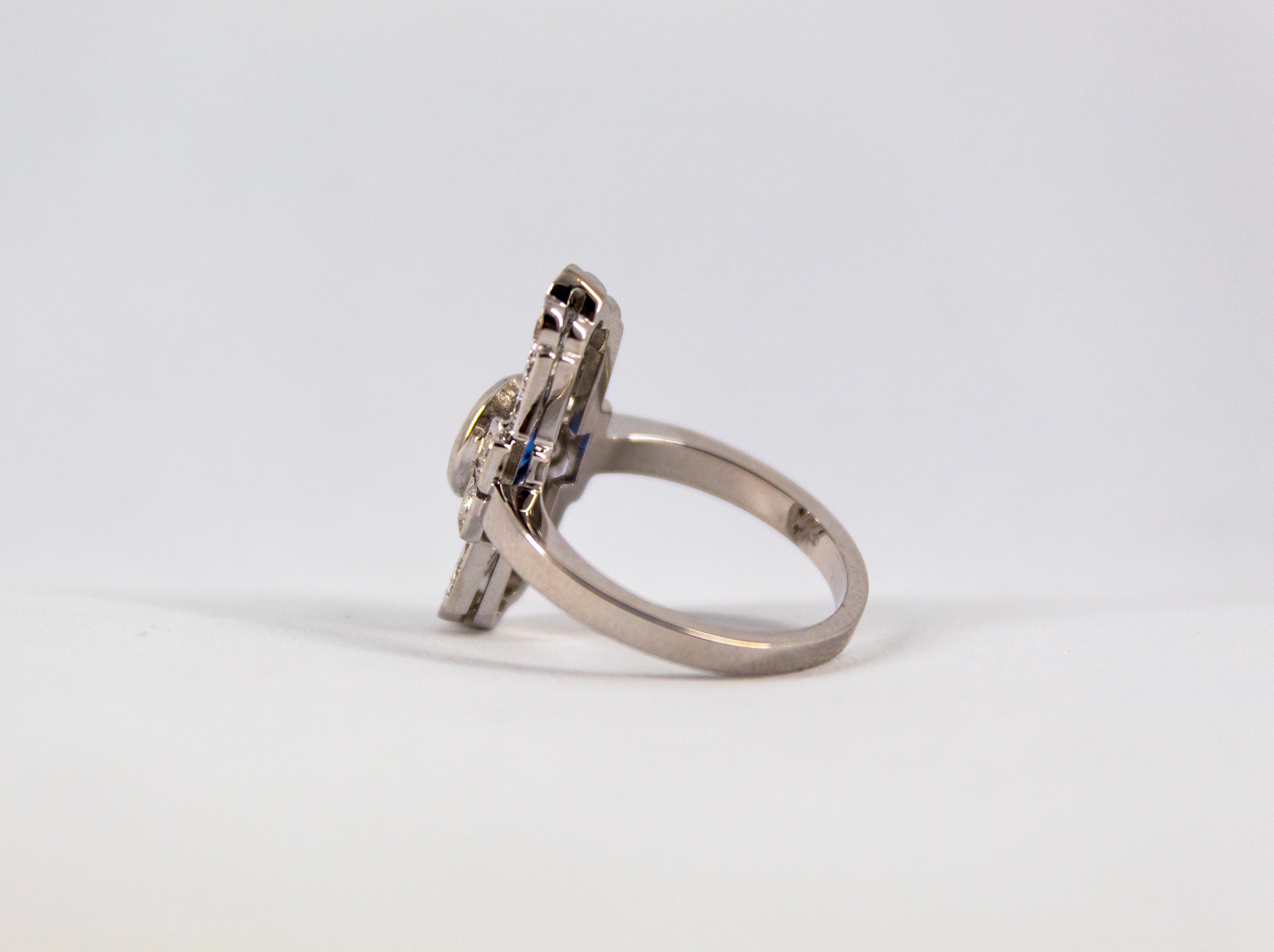 Art Deco Style 1.37 Carat Blue Sapphire 0.54 Carat Diamond White Gold Ring 7