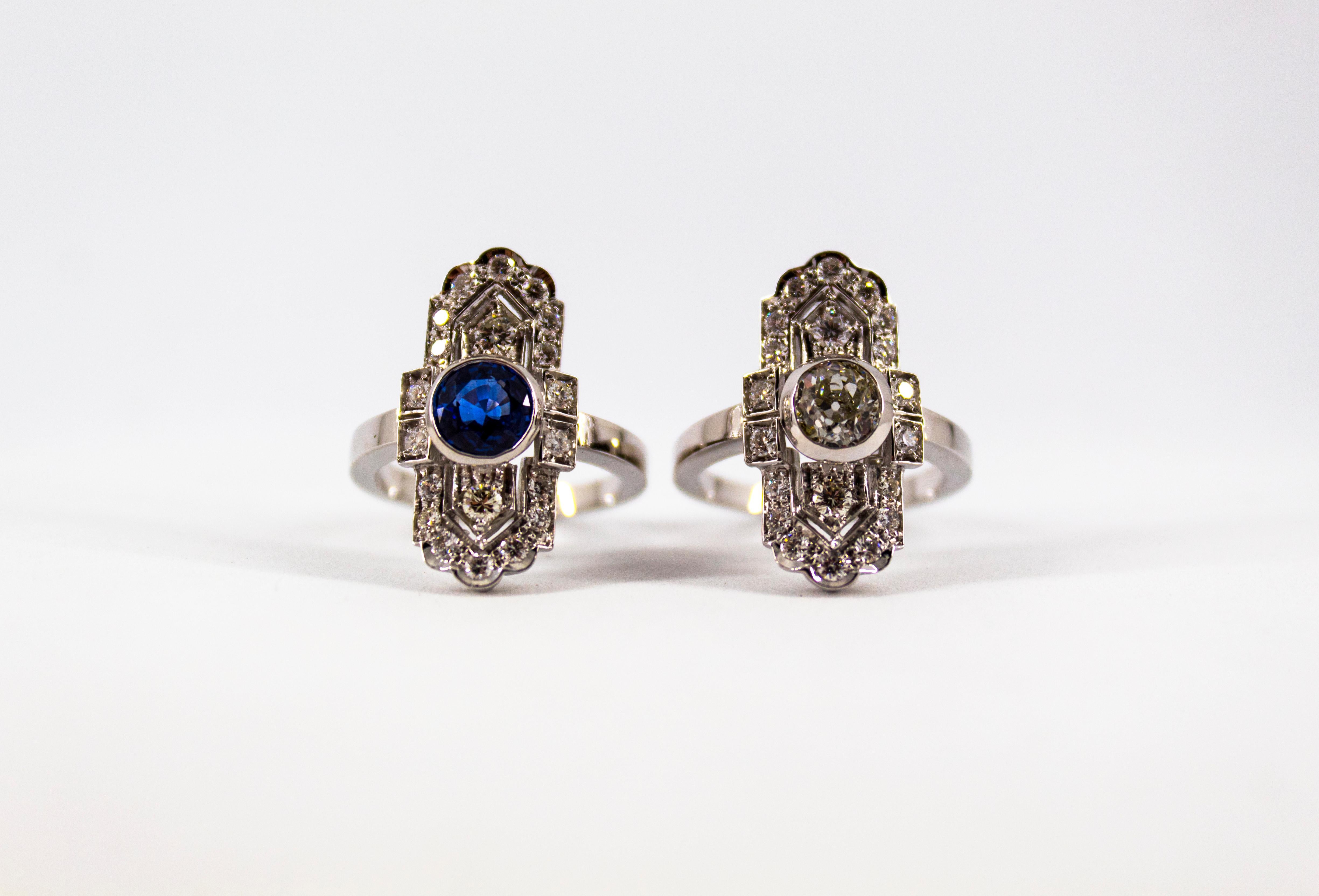 Art Deco Style 1.37 Carat Blue Sapphire 0.54 Carat Diamond White Gold Ring 9