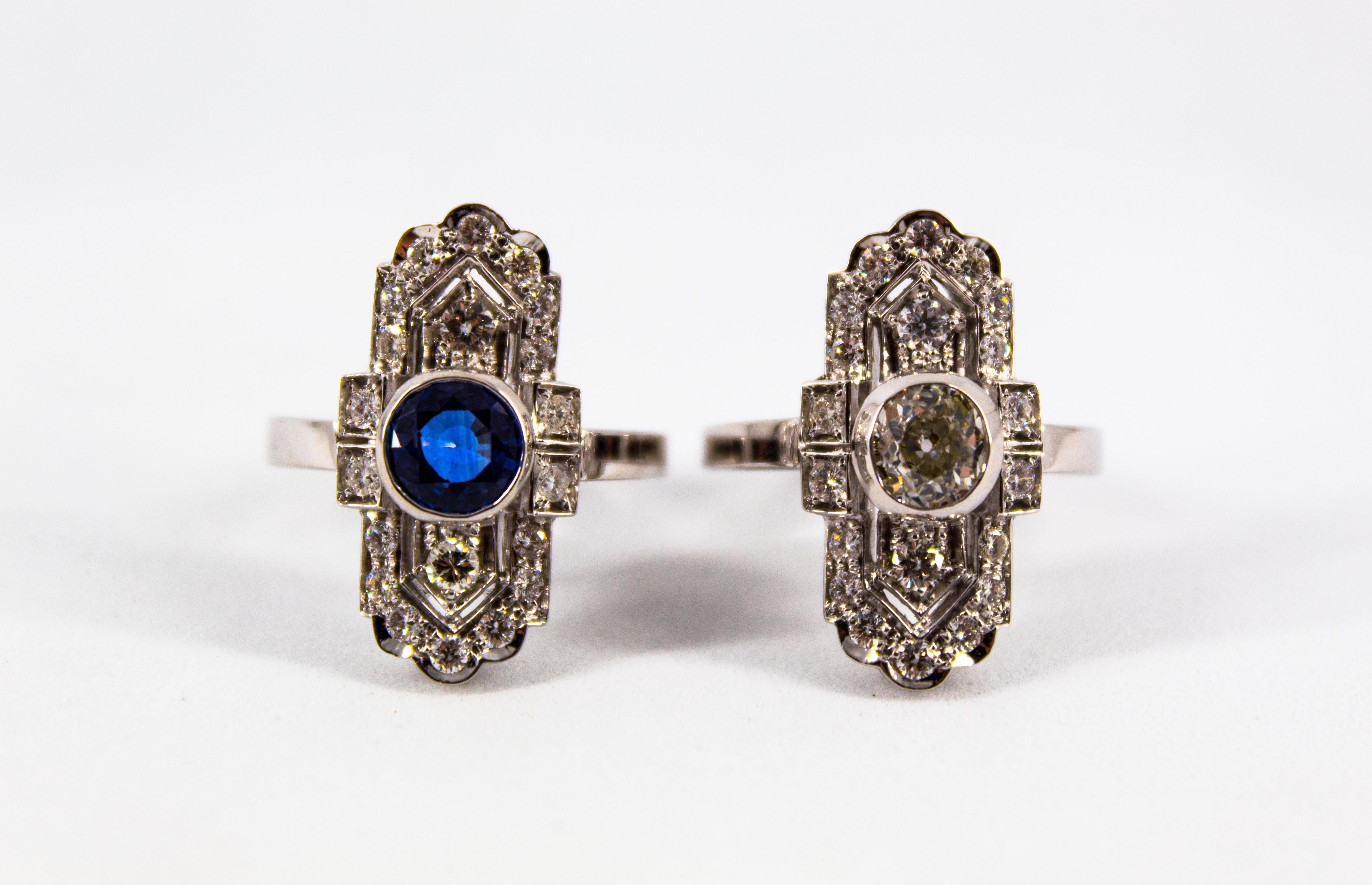 Art Deco Style 1.37 Carat Blue Sapphire 0.54 Carat Diamond White Gold Ring 10