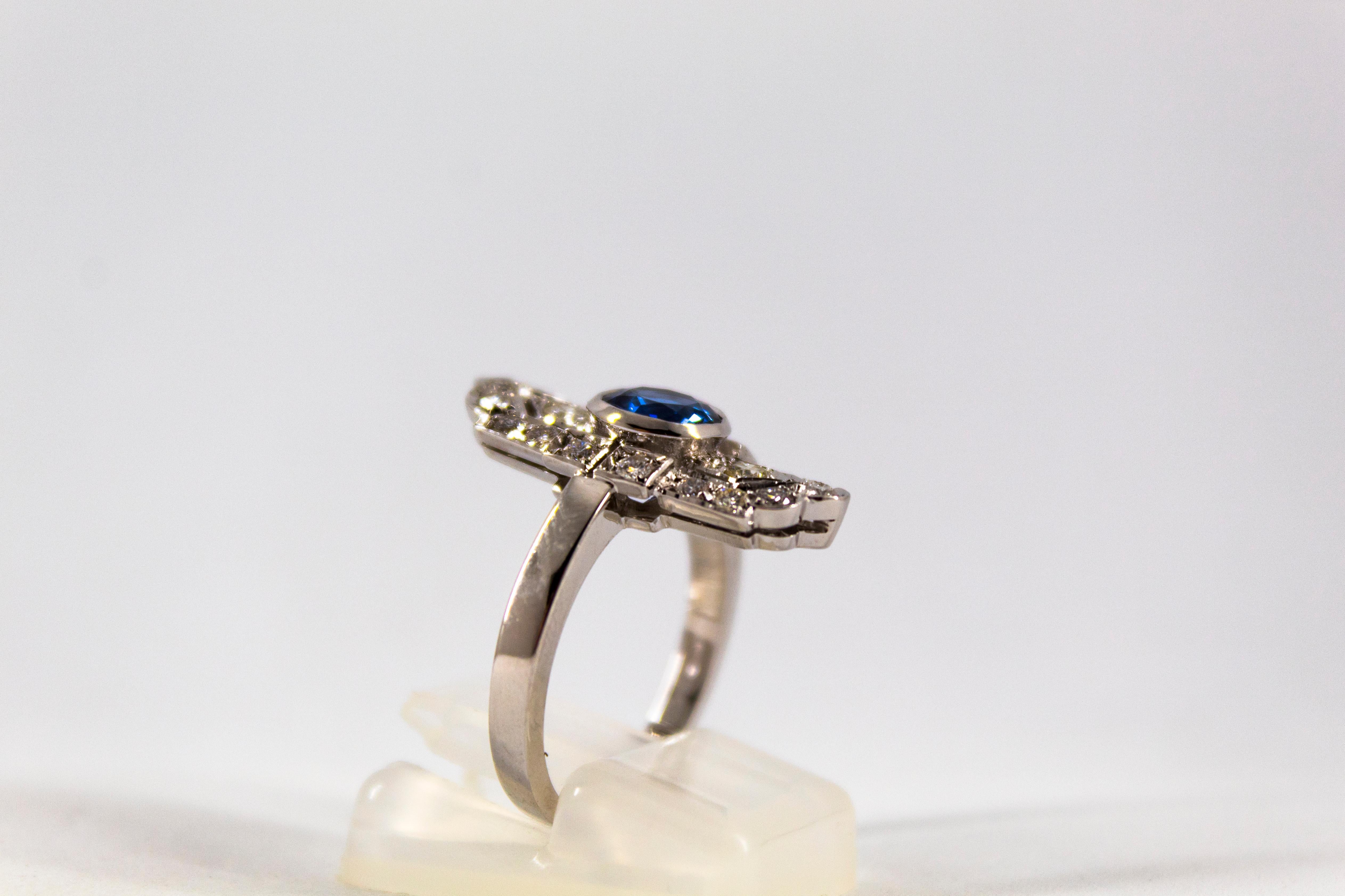 Round Cut Art Deco Style 1.37 Carat Blue Sapphire 0.54 Carat Diamond White Gold Ring