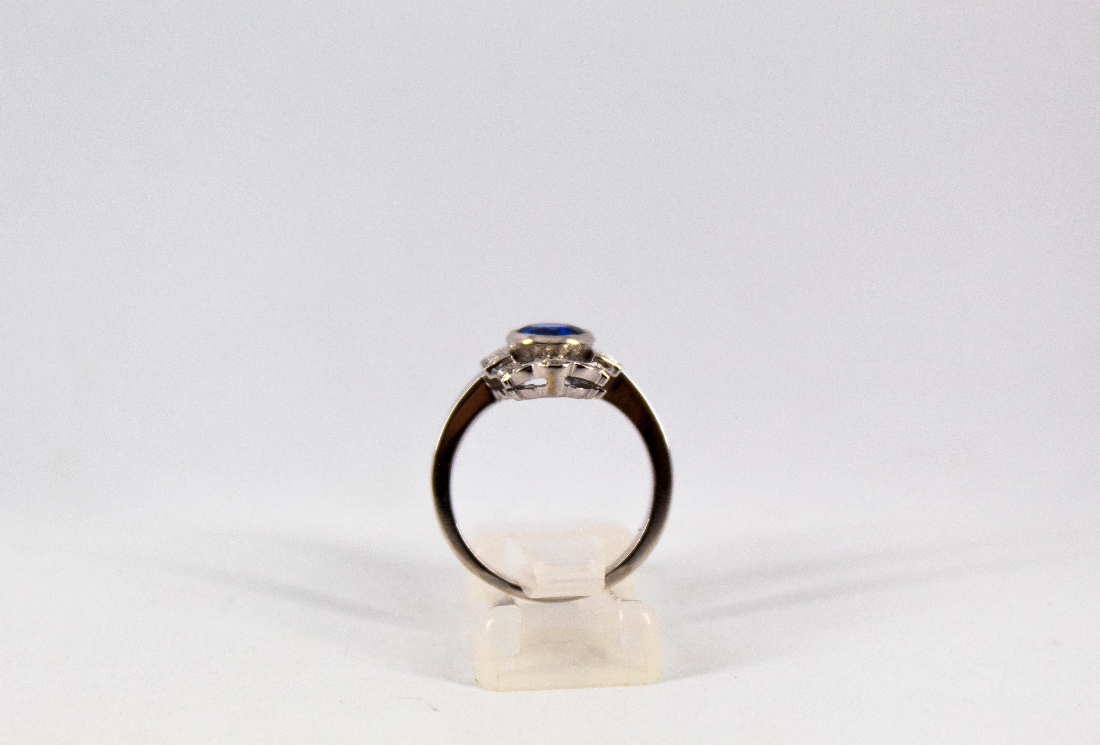 Women's or Men's Art Deco Style 1.37 Carat Blue Sapphire 0.54 Carat Diamond White Gold Ring