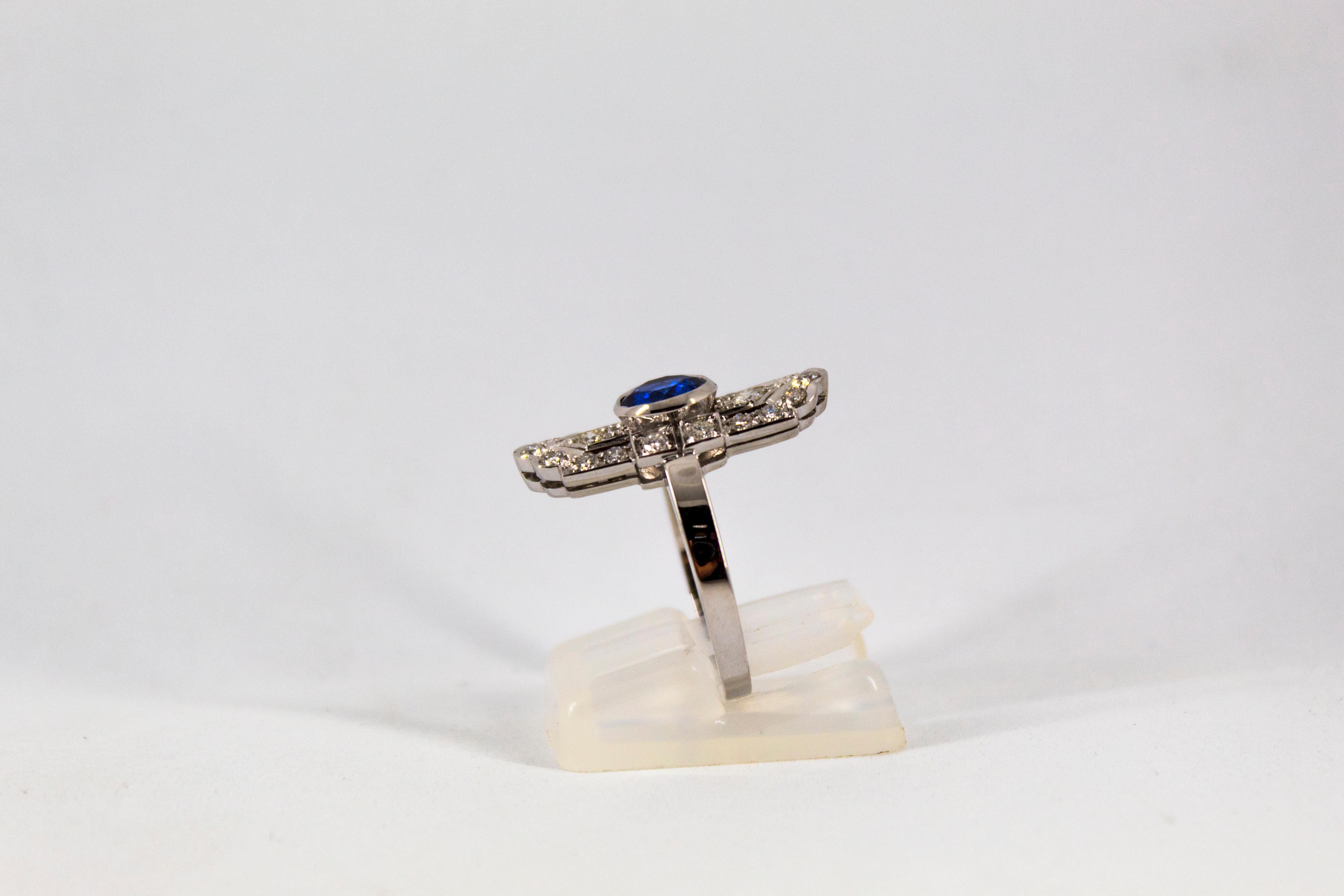Art Deco Style 1.37 Carat Blue Sapphire 0.54 Carat Diamond White Gold Ring 1