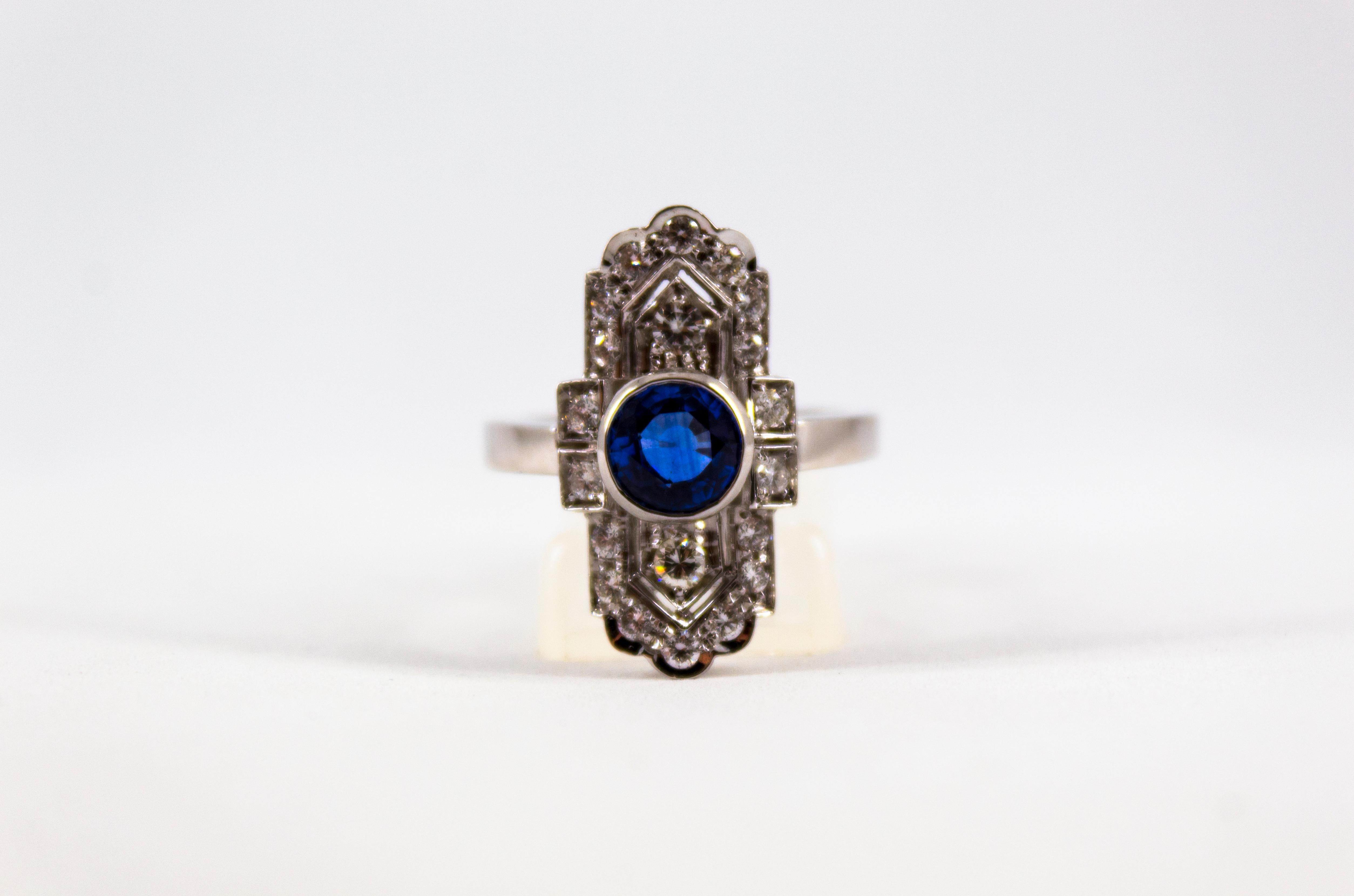 Art Deco Style 1.37 Carat Blue Sapphire 0.54 Carat Diamond White Gold Ring 2