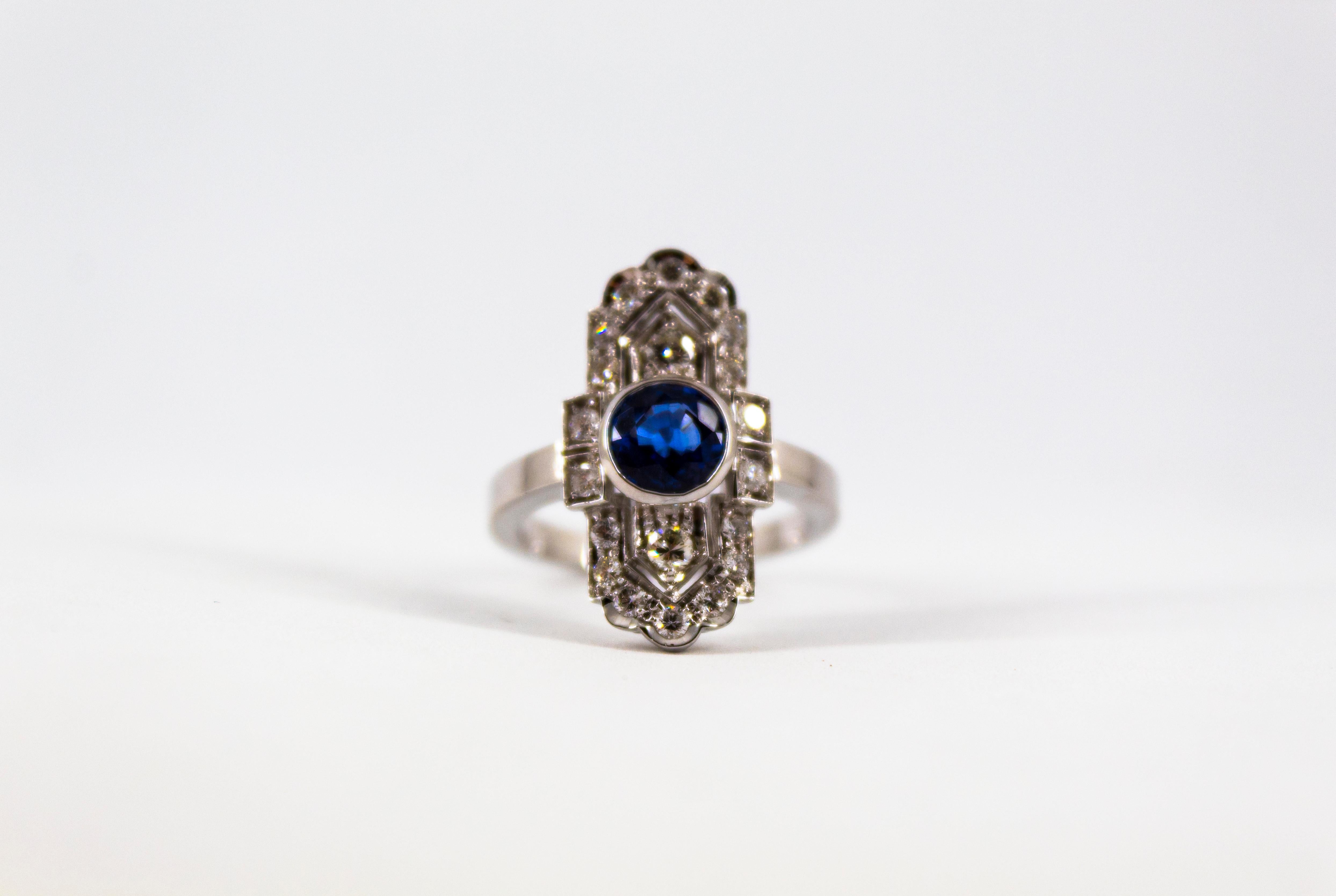 Art Deco Style 1.37 Carat Blue Sapphire 0.54 Carat Diamond White Gold Ring 3