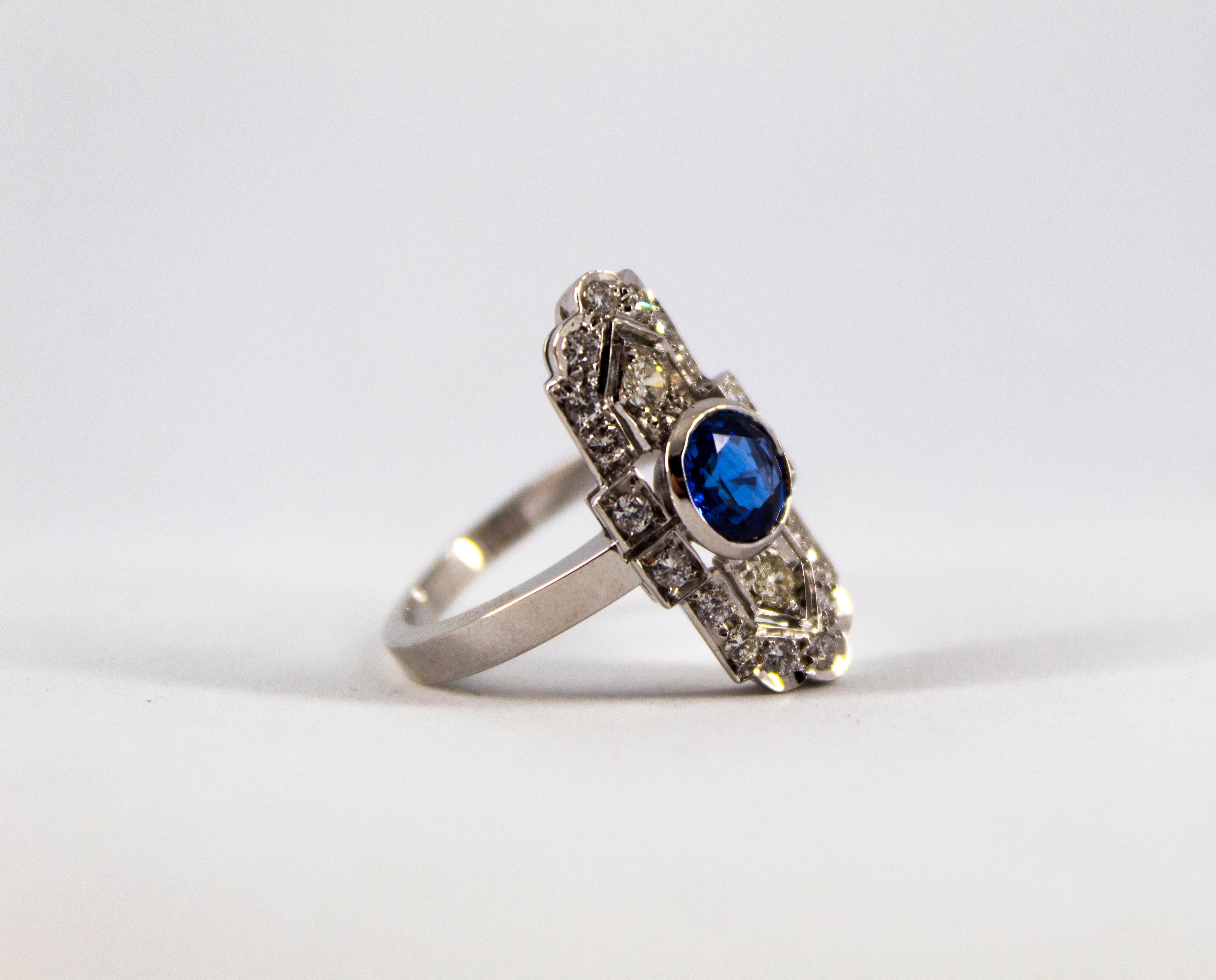 Art Deco Style 1.37 Carat Blue Sapphire 0.54 Carat Diamond White Gold Ring 4