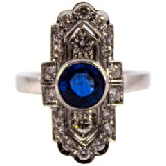 Art Deco Style 1.37 Carat Blue Sapphire 0.54 Carat Diamond White Gold Ring