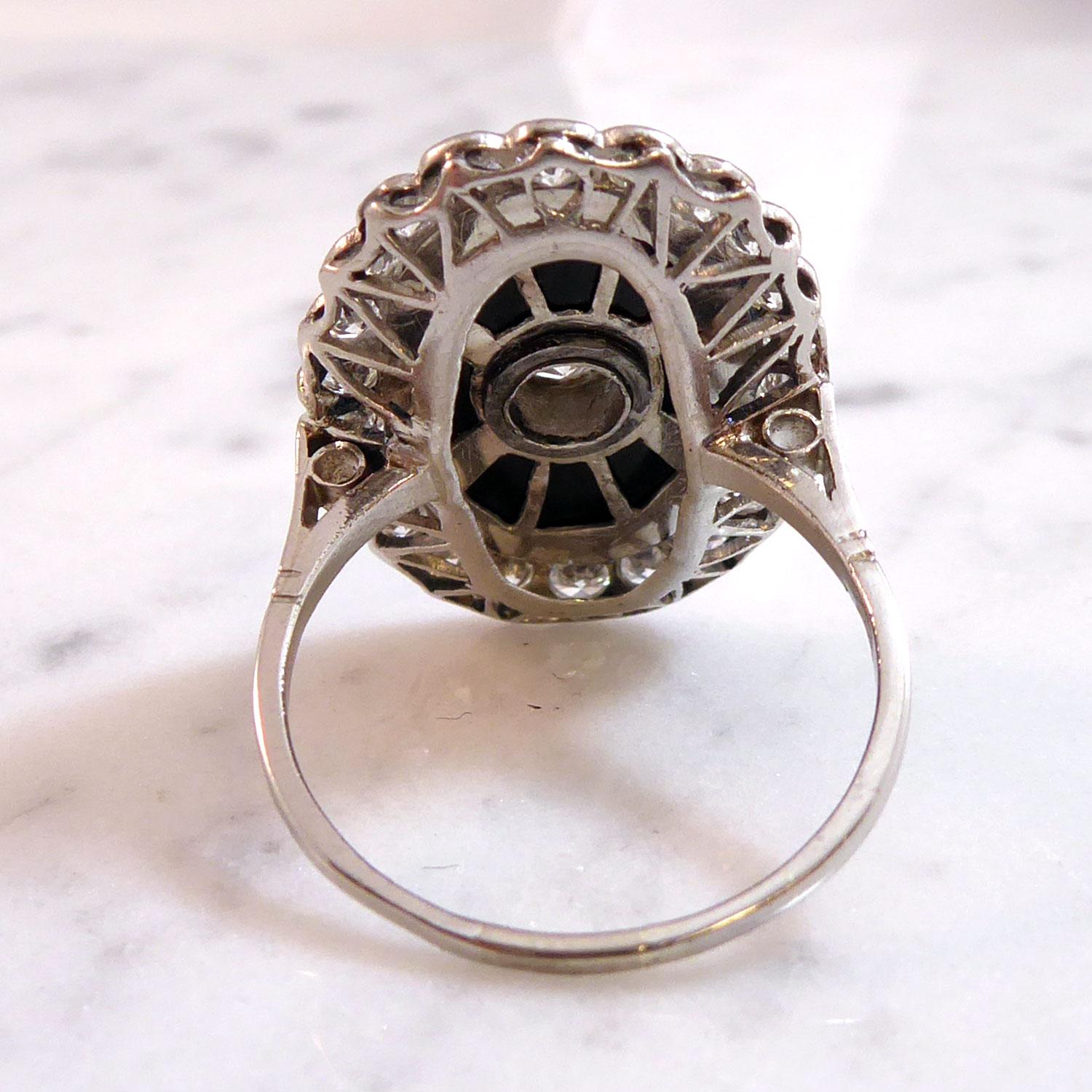 Art Deco 1.37 Carat Diamond and Onyx Ring, Oval Cluster, 1920, Platinum ...