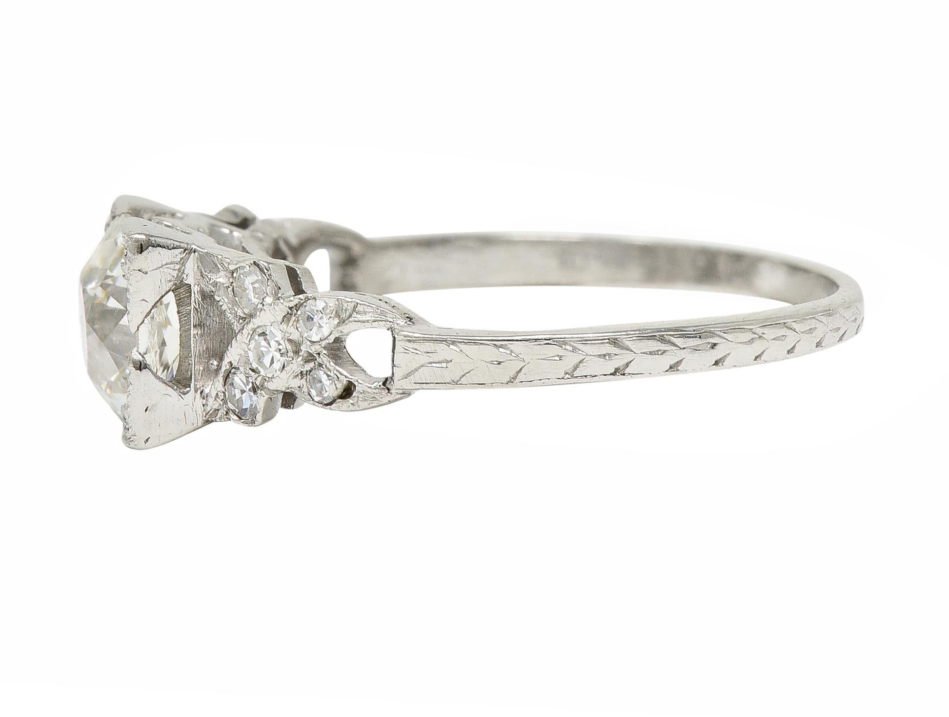 Old European Cut Art Deco 1.37 CTW European Diamond Platinum Ribbon Vintage Engagement Ring GIA For Sale