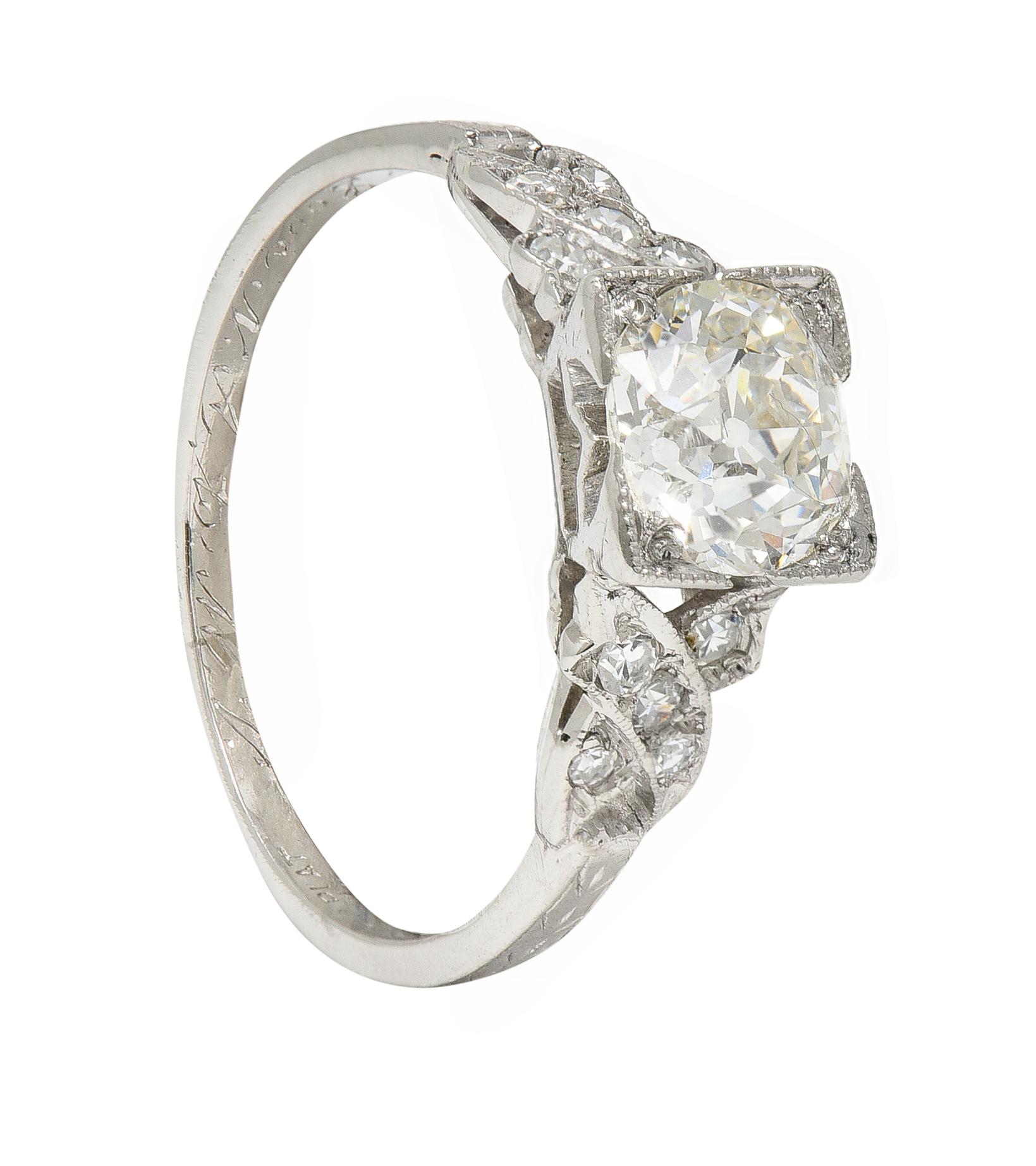 Art Deco 1.37 CTW European Diamond Platinum Ribbon Vintage Engagement Ring GIA In Excellent Condition For Sale In Philadelphia, PA