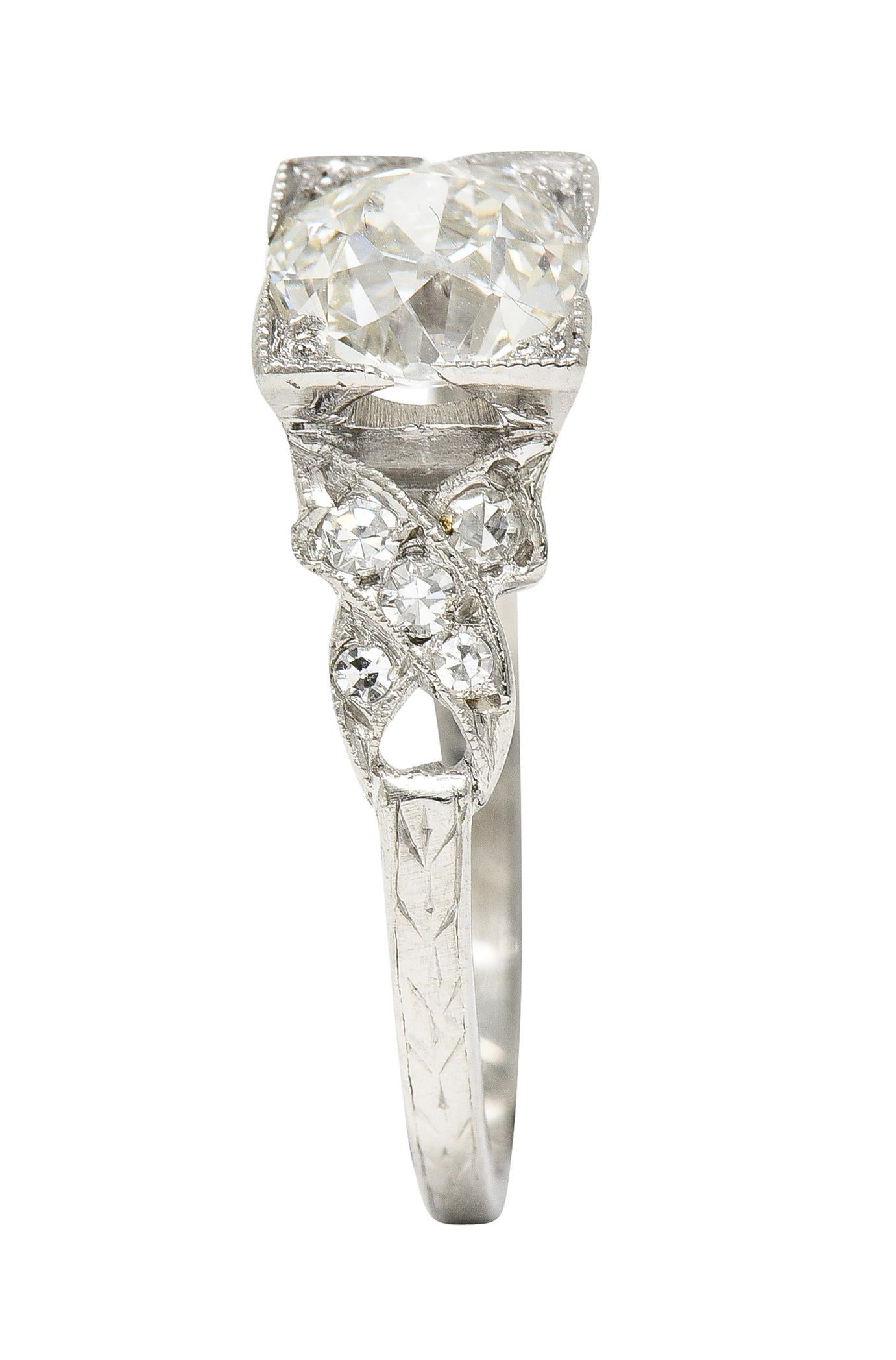 Women's or Men's Art Deco 1.37 CTW European Diamond Platinum Ribbon Vintage Engagement Ring GIA For Sale