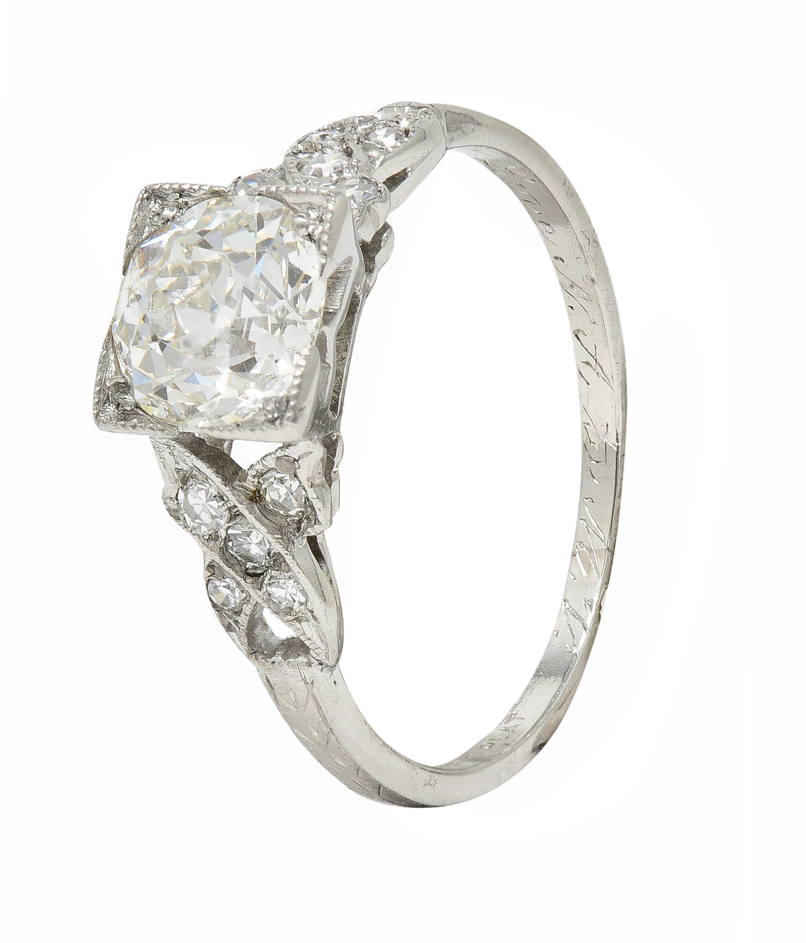 Art Deco 1.37 CTW European Diamond Platinum Ribbon Vintage Engagement Ring GIA For Sale 2