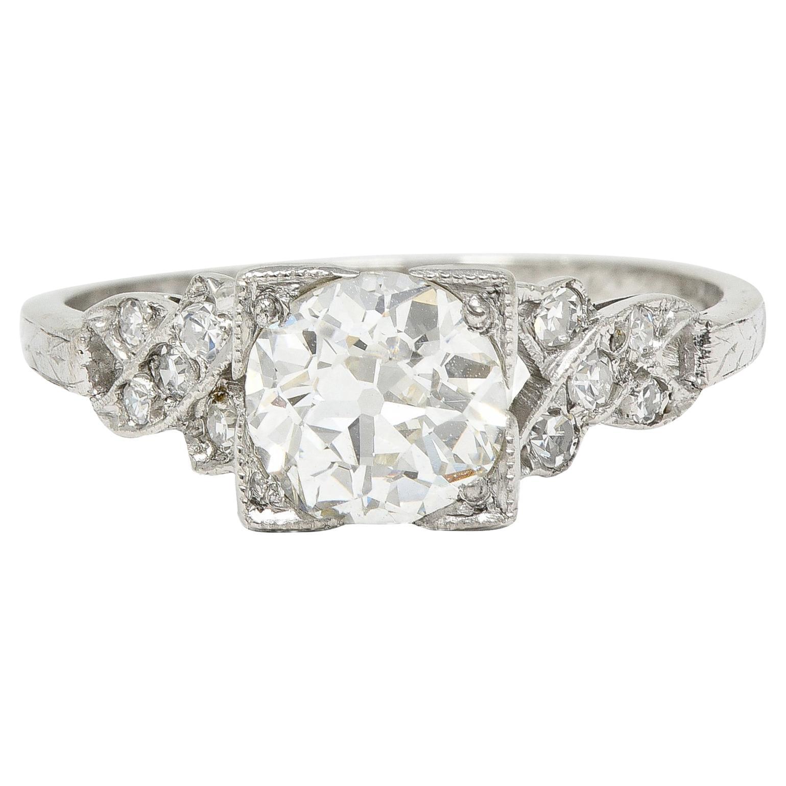 Art Deco 1.37 CTW European Diamond Platinum Ribbon Vintage Engagement Ring GIA For Sale
