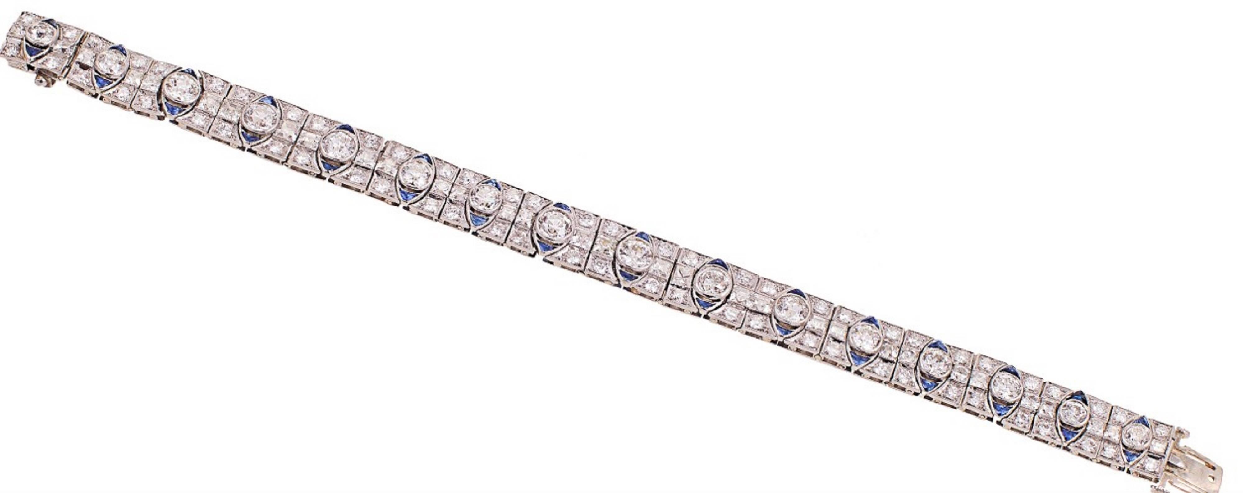 Women's Art Deco 13.72 Carat Diamond Sapphire Platinum Bracelet For Sale