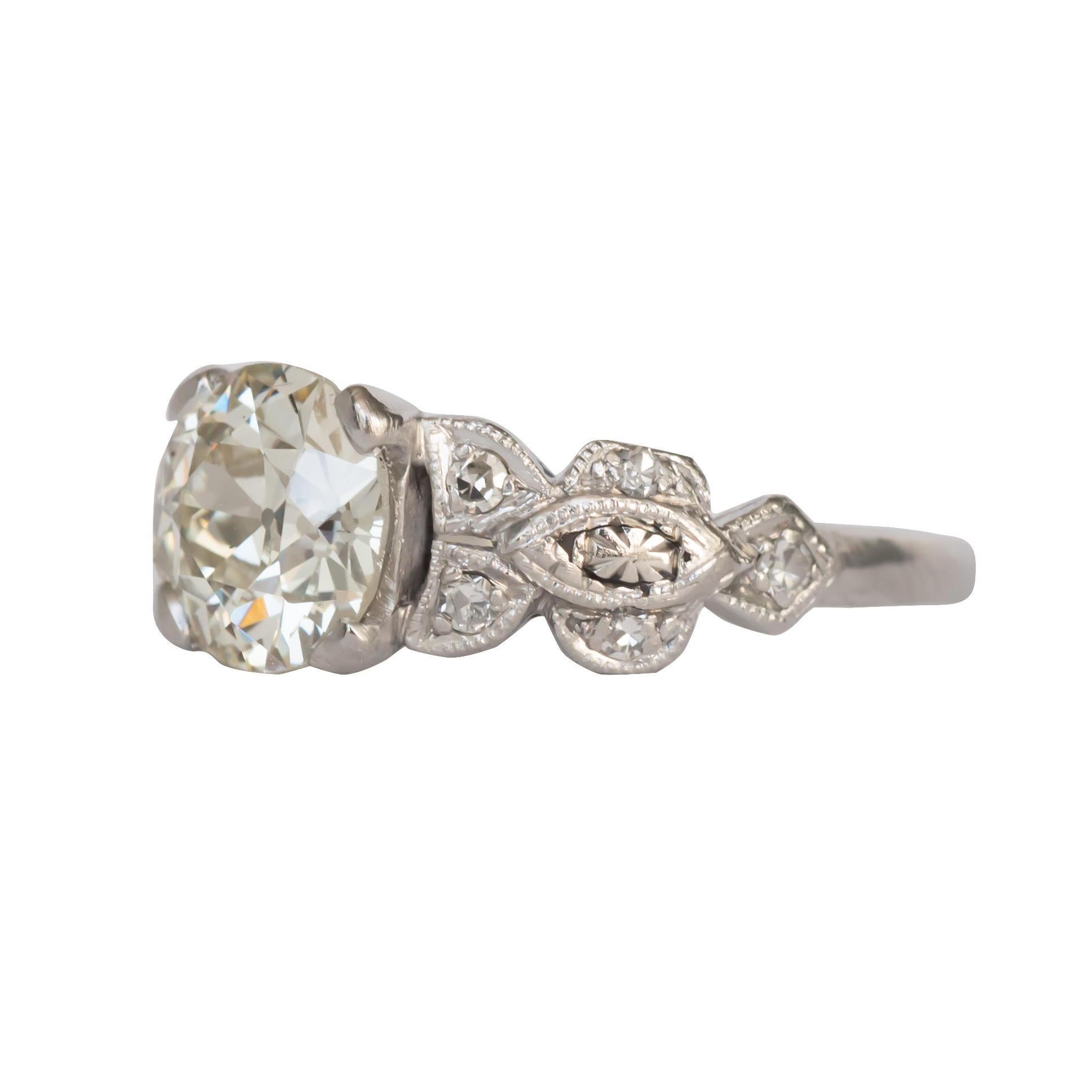 Here we have an beautiful example of an Art Deco era engagement ring! This genuine 1920's ring features a stunning 1.27 Carat Old European cut diamond set beautifully in a simple yet elegant platinum ring. The beautifully crafted platinum ring is
