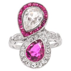 Art Deco 1.38 Carat Burma Ruby 
0.90 Carat Antique Diamond Toi et Moi Ring