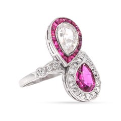 Art Deco 1.38 Carat Burma Ruby & 0.90 Carat Antique Pear Diamond Toi et Moi Ring