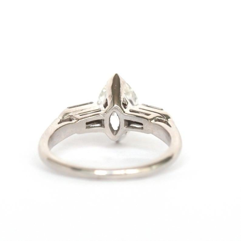 Art Deco 1.38 Carat GIA Antique Marquise Cut Platinum Solitaire Engagement Ring In Good Condition In Addison, TX