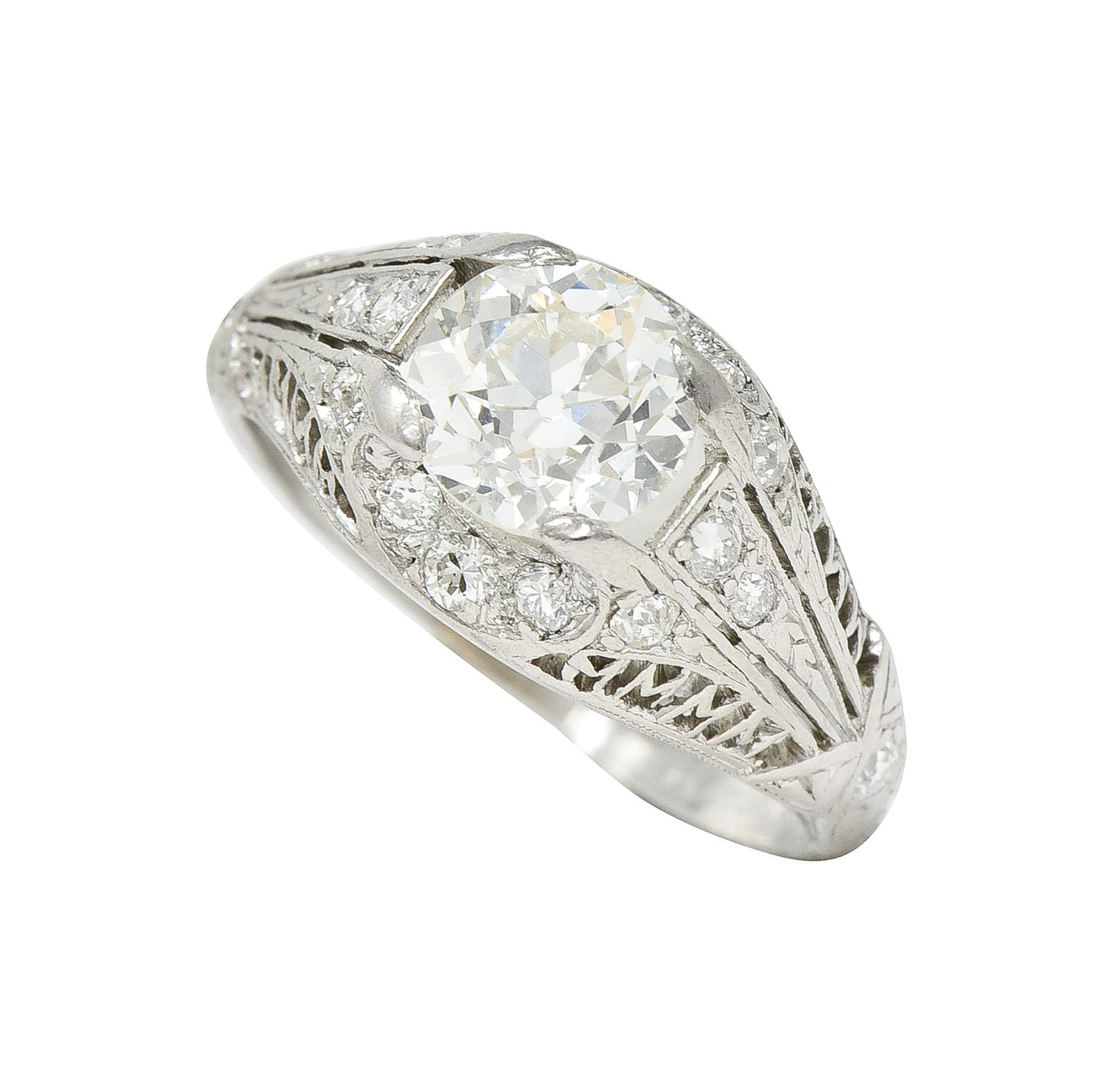 Art Deco 1.38 CTW Diamond Platinum Crescent Cluster Vintage Engagement Ring For Sale 5