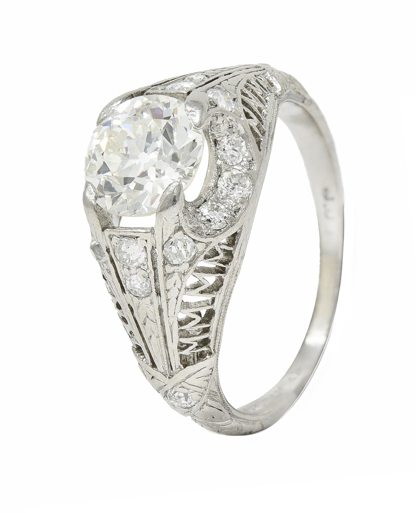 Art Deco 1.38 CTW Diamond Platinum Crescent Cluster Vintage Engagement Ring For Sale 6