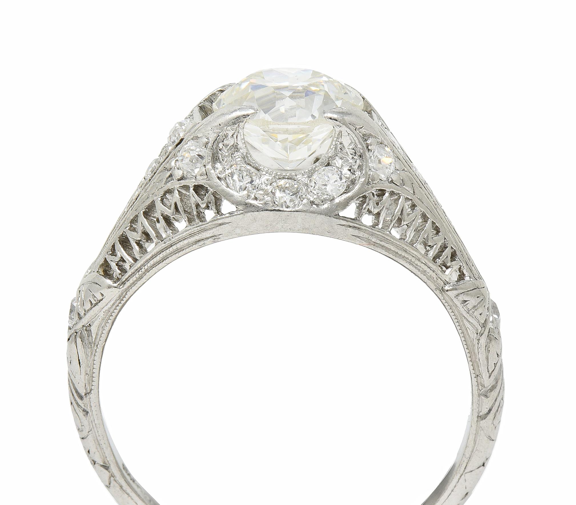 Art Deco 1.38 CTW Diamond Platinum Crescent Cluster Vintage Engagement Ring For Sale 7