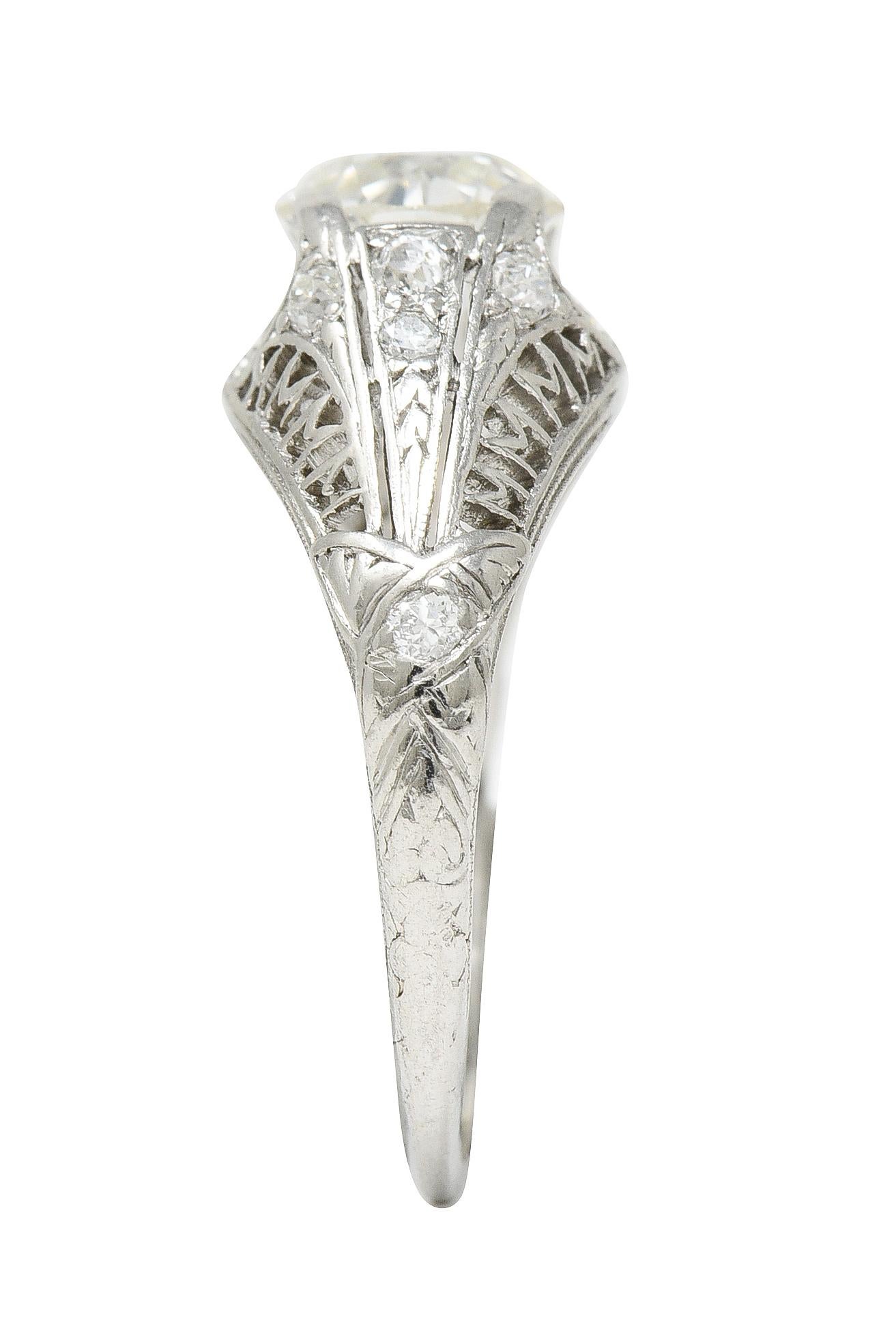 Art Deco 1.38 CTW Diamond Platinum Crescent Cluster Vintage Engagement Ring For Sale 8