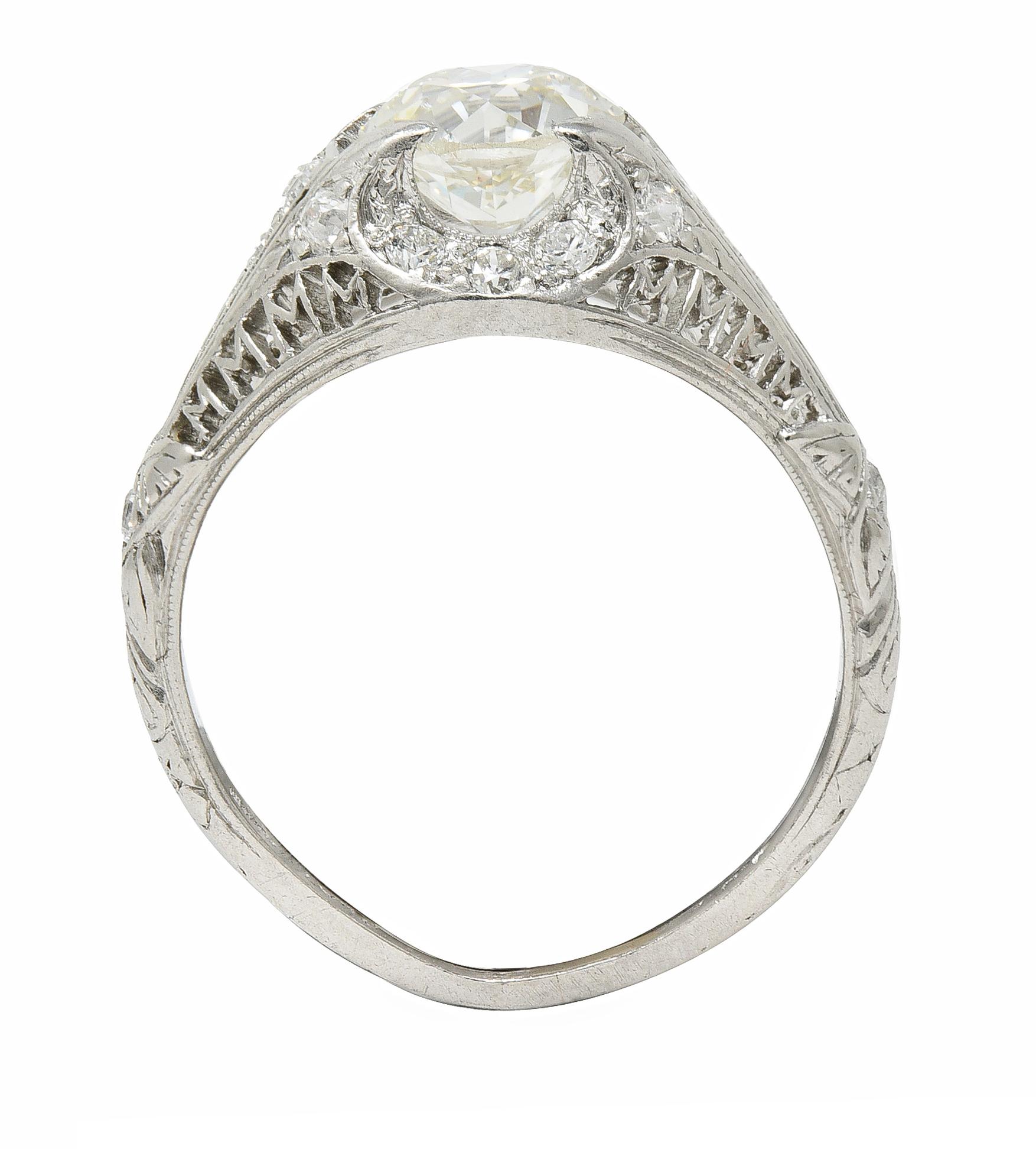 Art Deco 1.38 CTW Diamond Platinum Crescent Cluster Vintage Engagement Ring For Sale 9