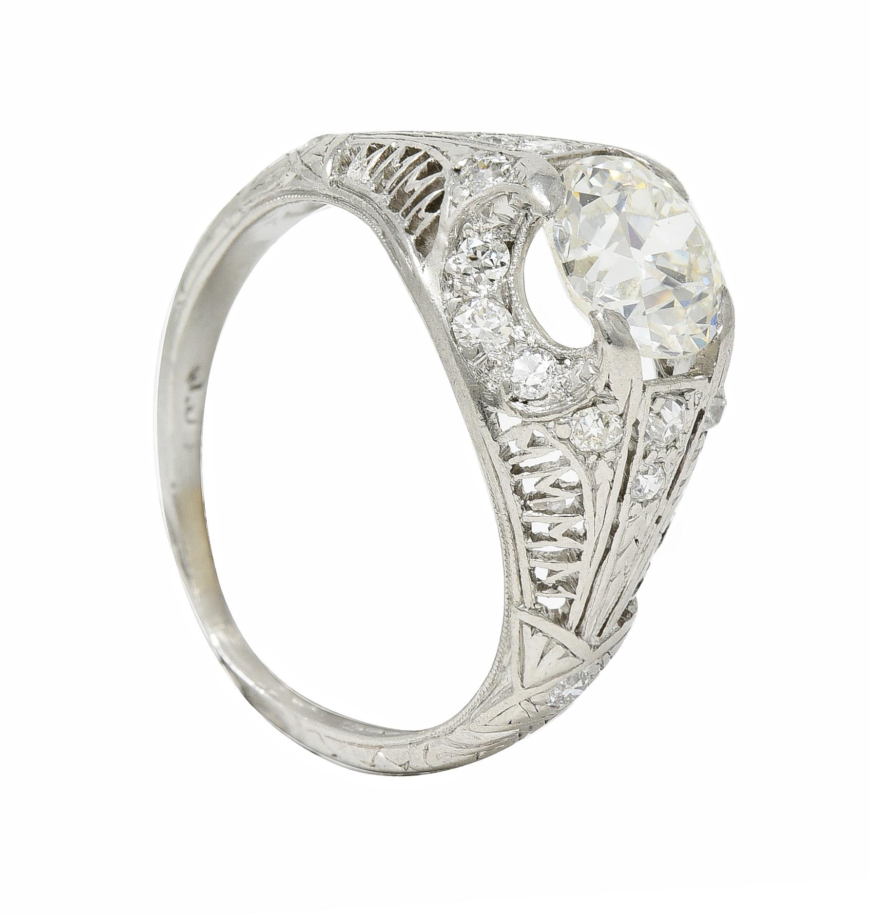 Art Deco 1.38 CTW Diamond Platinum Crescent Cluster Vintage Engagement Ring For Sale 10