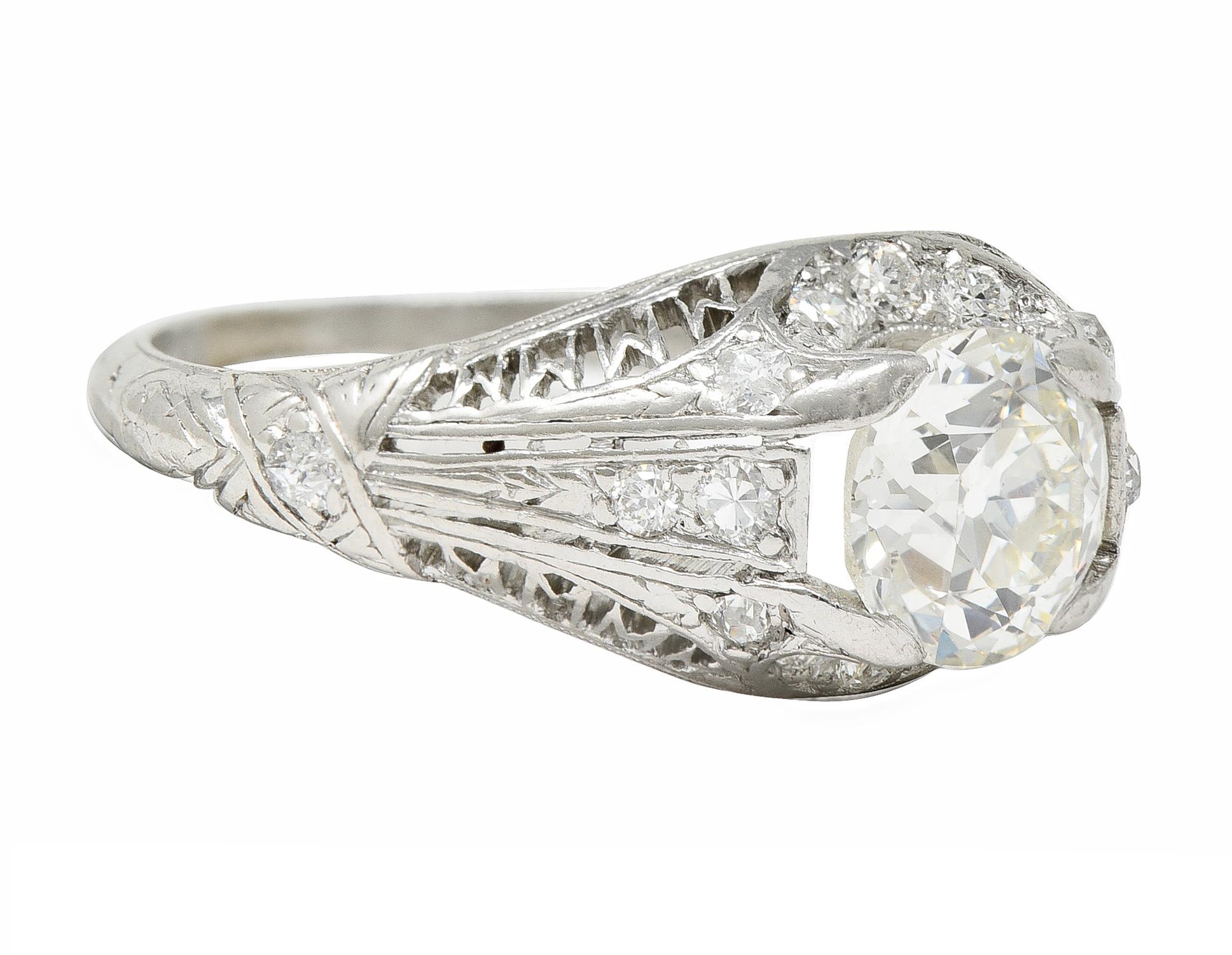 Old European Cut Art Deco 1.38 CTW Diamond Platinum Crescent Cluster Vintage Engagement Ring For Sale