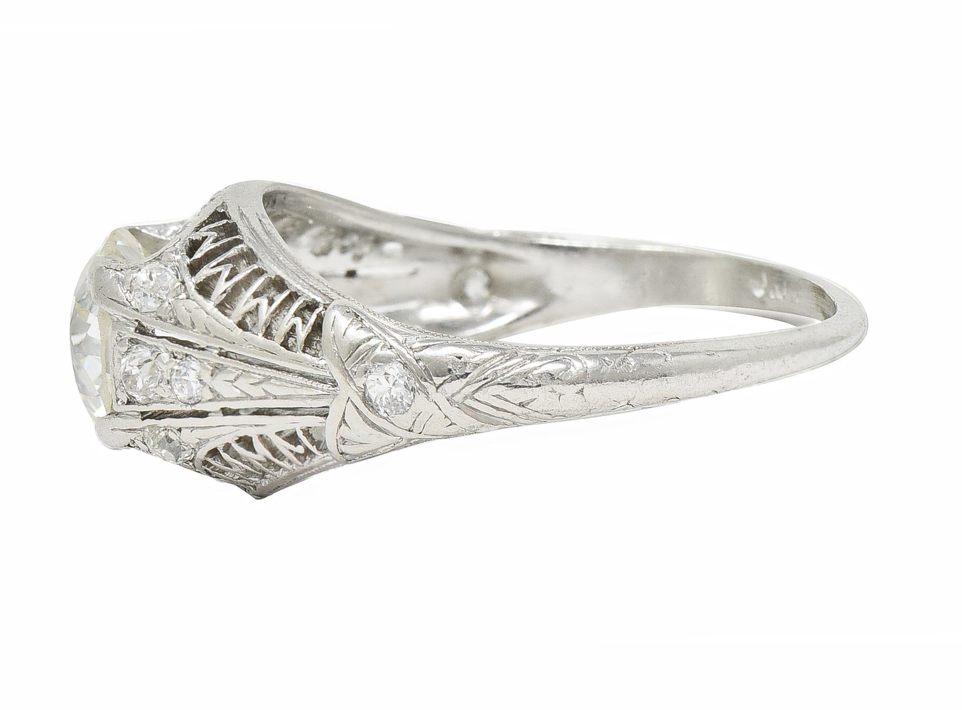 Art Deco 1.38 CTW Diamond Platinum Crescent Cluster Vintage Engagement Ring For Sale 1