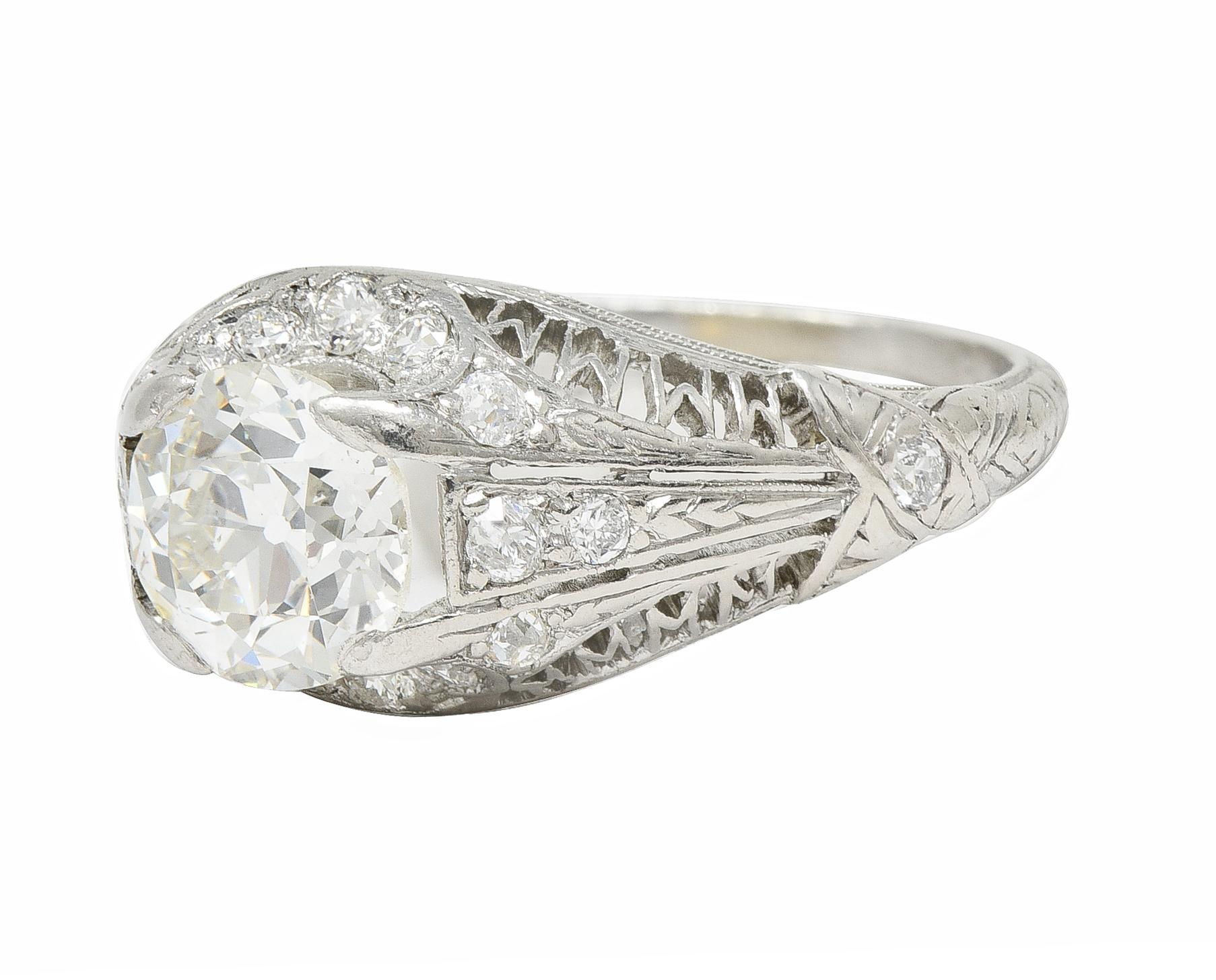 Art Deco 1.38 CTW Diamond Platinum Crescent Cluster Vintage Engagement Ring For Sale 2