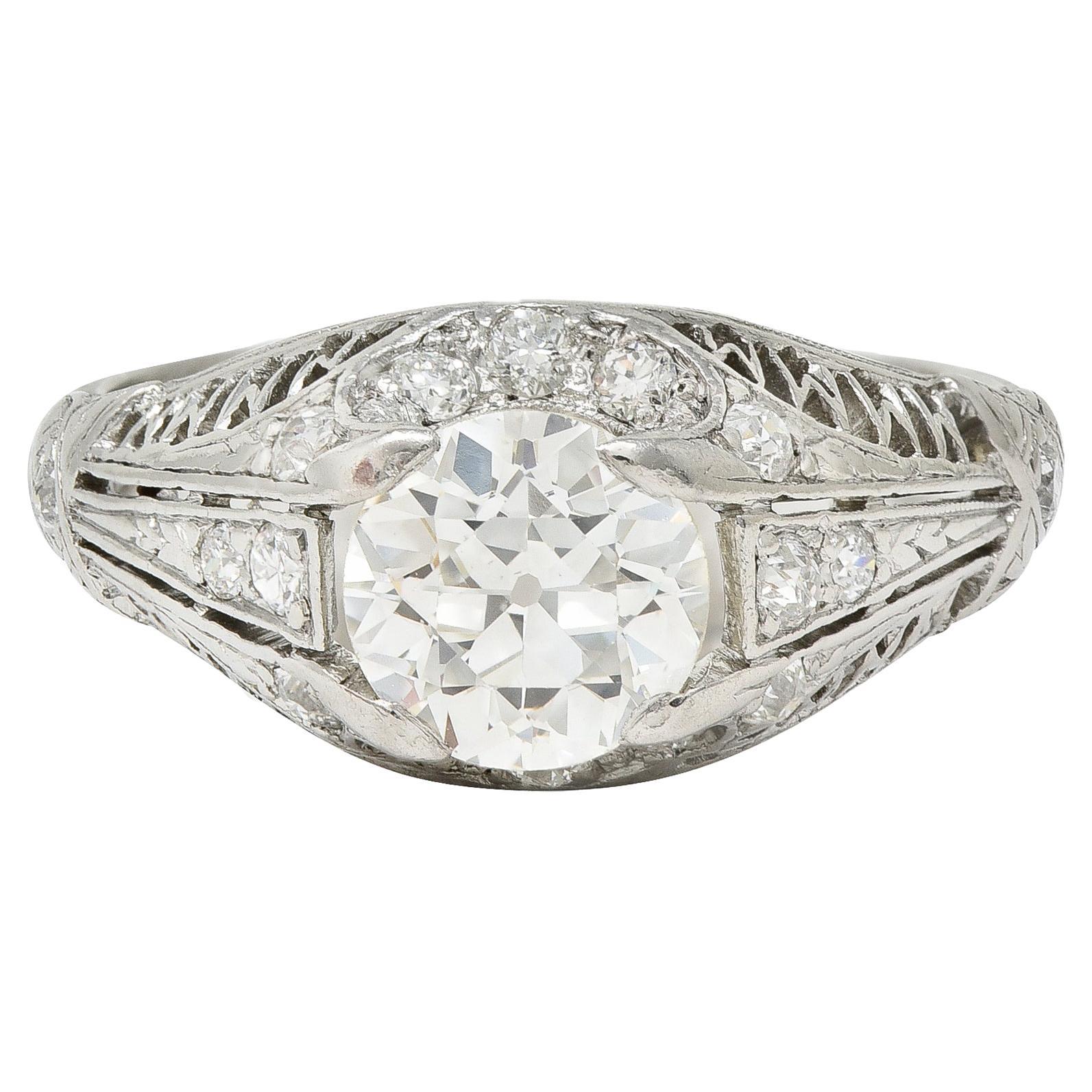 Art Deco 1.38 CTW Diamond Platinum Crescent Cluster Vintage Engagement Ring For Sale