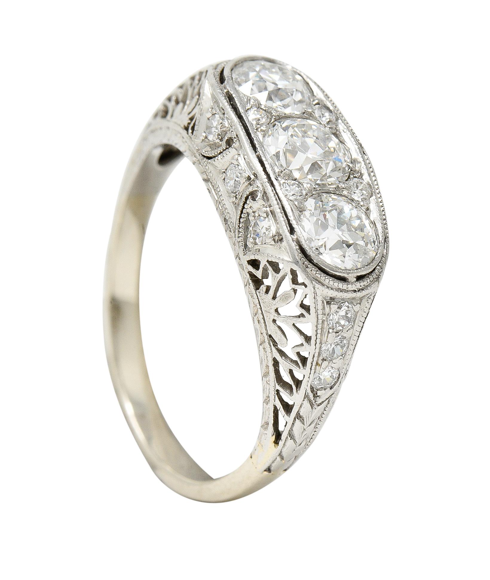 Art Deco 1.38 CTW Diamond Platinum Three Stone Foliate Vintage Ring For Sale 4