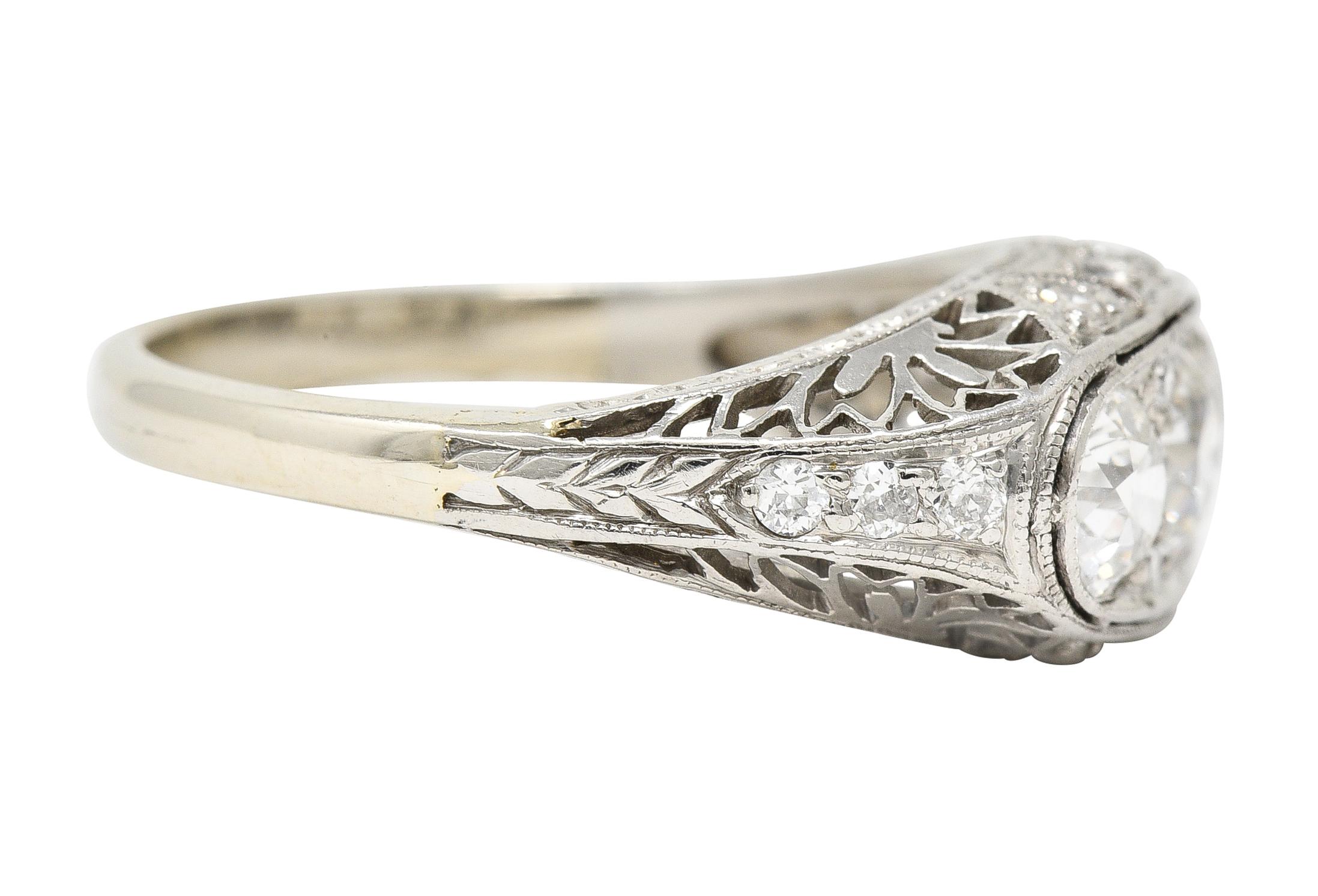 Old European Cut Art Deco 1.38 CTW Diamond Platinum Three Stone Foliate Vintage Ring For Sale