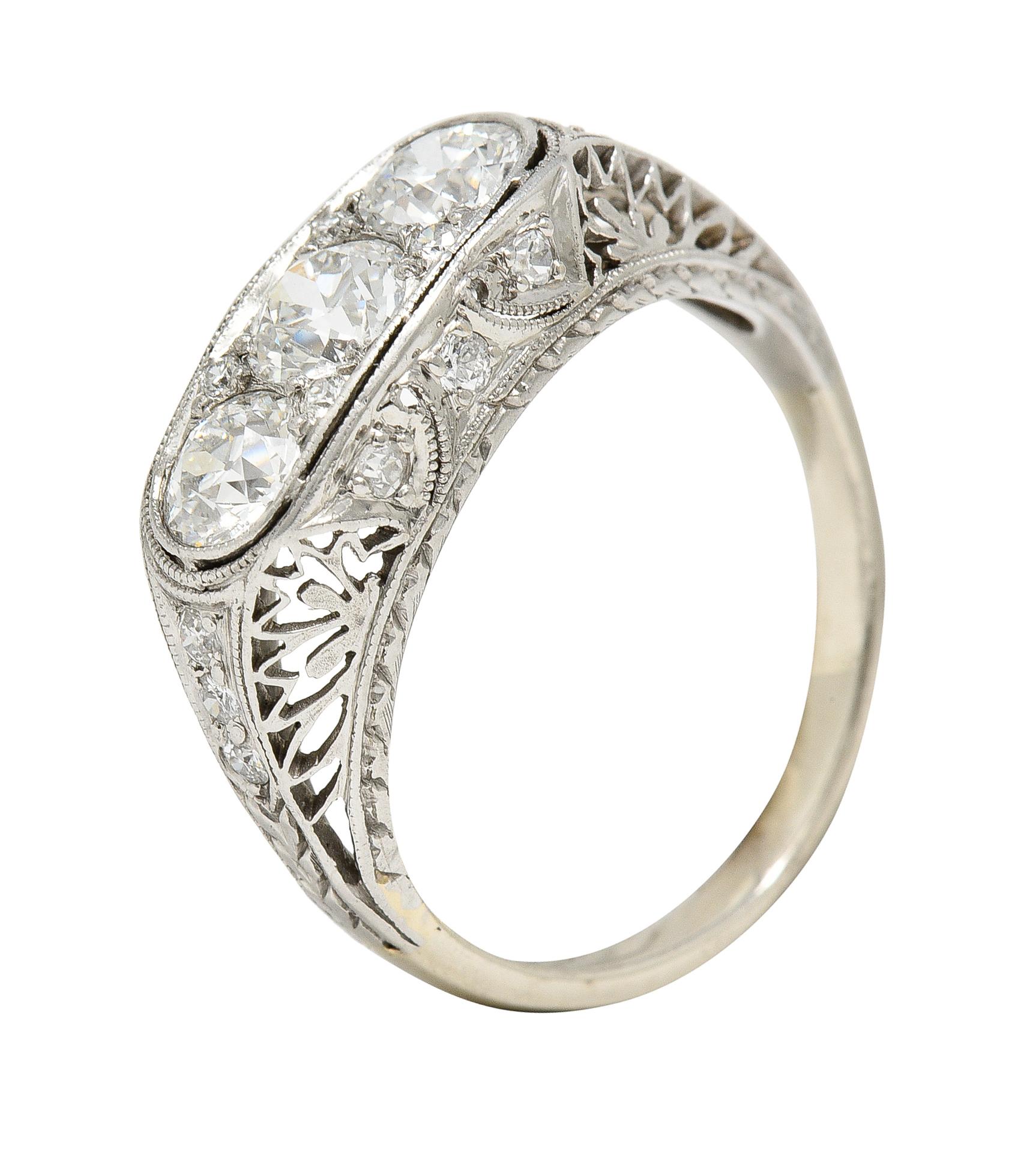 Art Deco 1.38 CTW Diamond Platinum Three Stone Foliate Vintage Ring For Sale 1