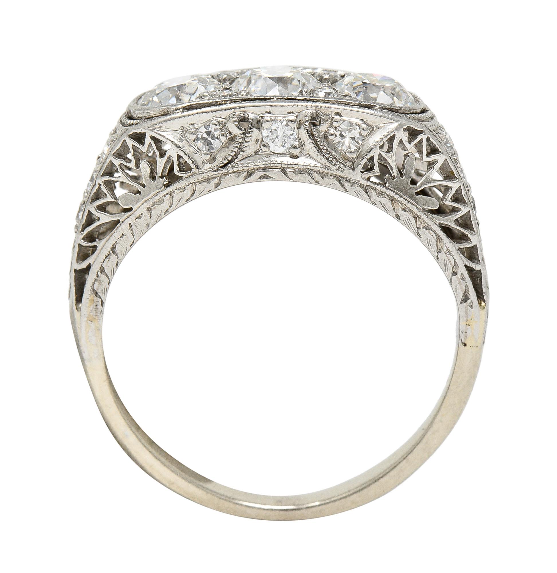 Art Deco 1.38 CTW Diamond Platinum Three Stone Foliate Vintage Ring For Sale 2