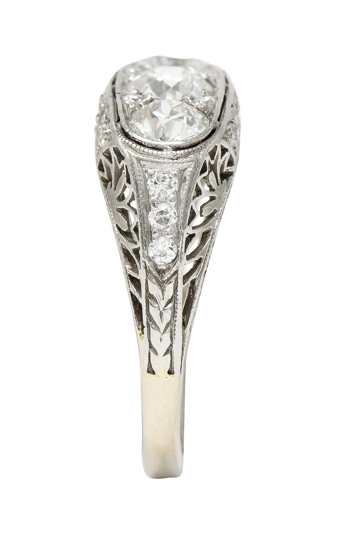 Art Deco 1.38 CTW Diamond Platinum Three Stone Foliate Vintage Ring For Sale 3