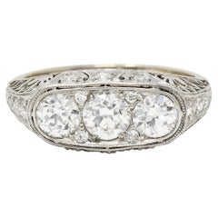 Art Deco 1.38 CTW Diamond Platinum Three Stone Foliate Vintage Ring