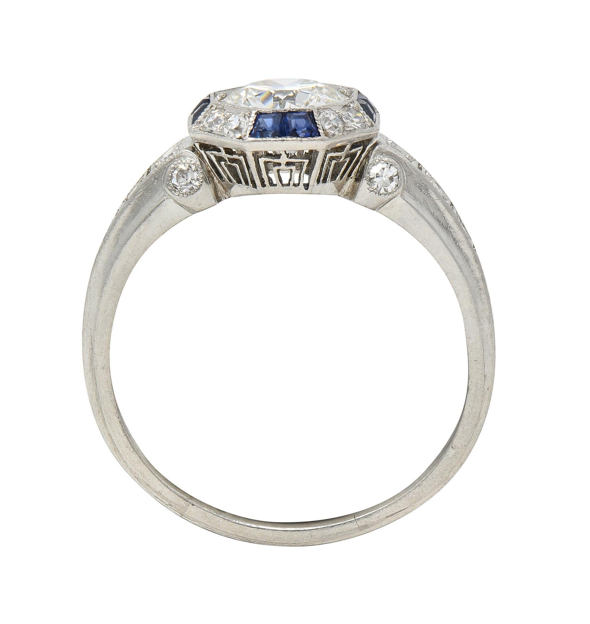 Art Deco 1.38 CTW Old European Diamond Sapphire Platinum Vintage Engagement Ring For Sale 5
