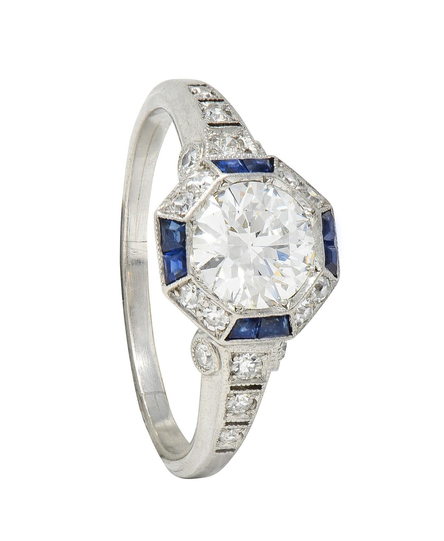 Art Deco 1.38 CTW Old European Diamond Sapphire Platinum Vintage Engagement Ring For Sale 6