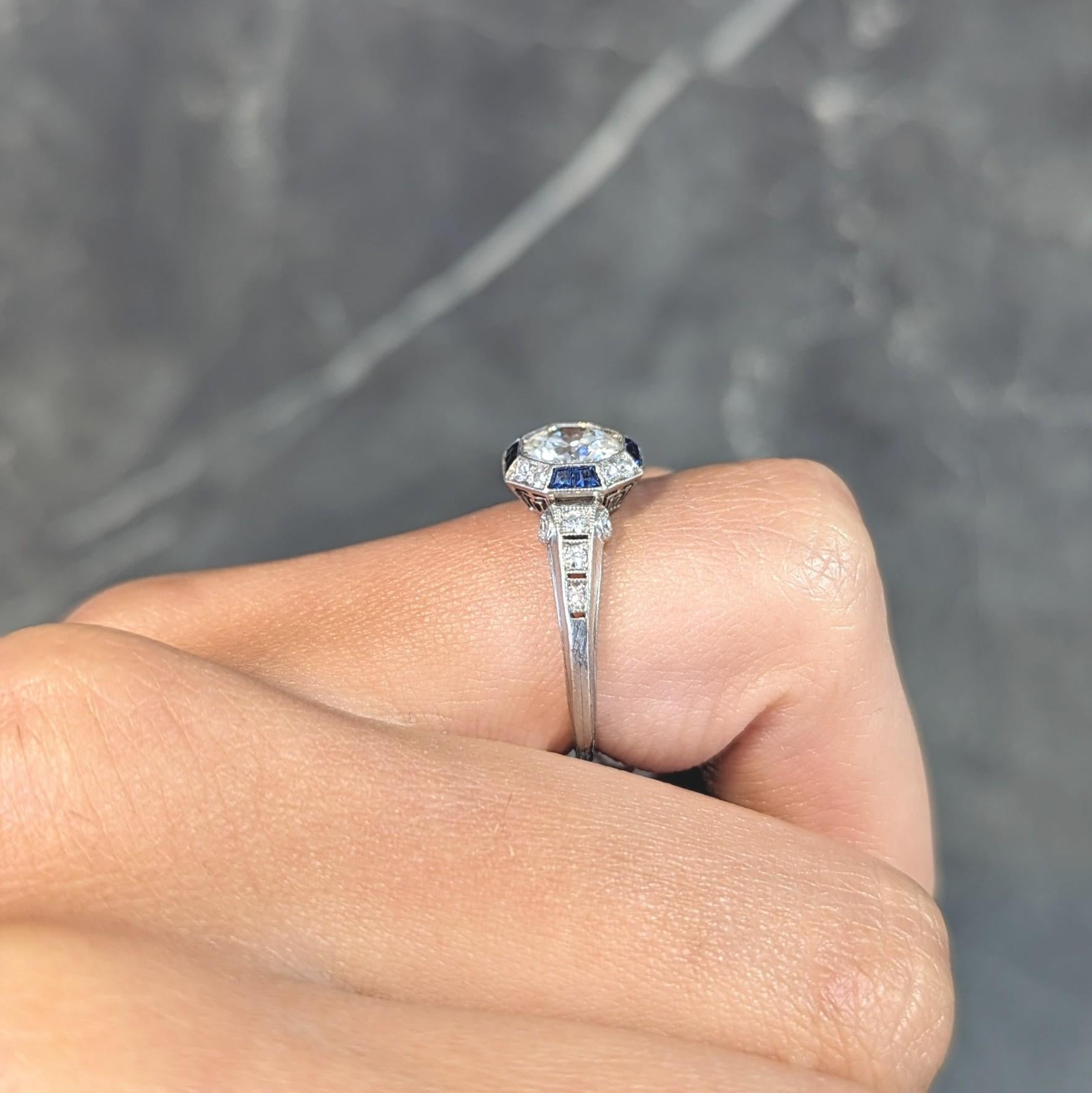 Art Deco 1.38 CTW Old European Diamond Sapphire Platinum Vintage Engagement Ring For Sale 8