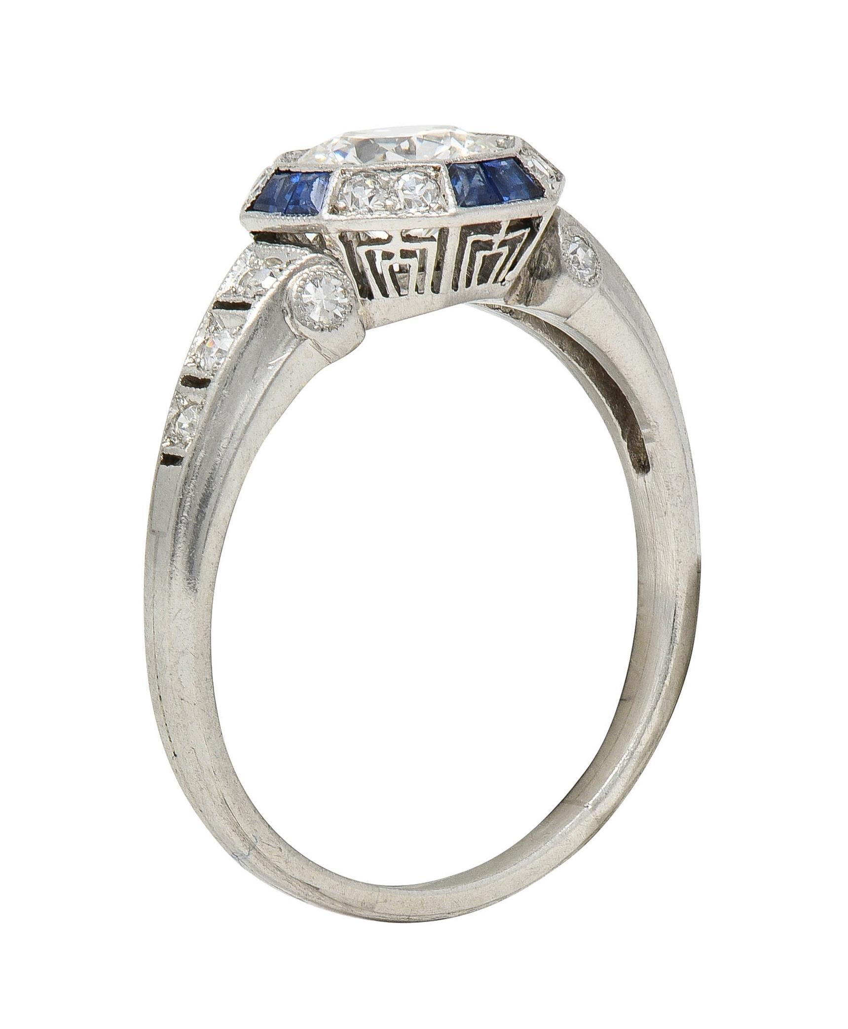 Art Deco 1.38 CTW Old European Diamond Sapphire Platinum Vintage Engagement Ring In Excellent Condition For Sale In Philadelphia, PA