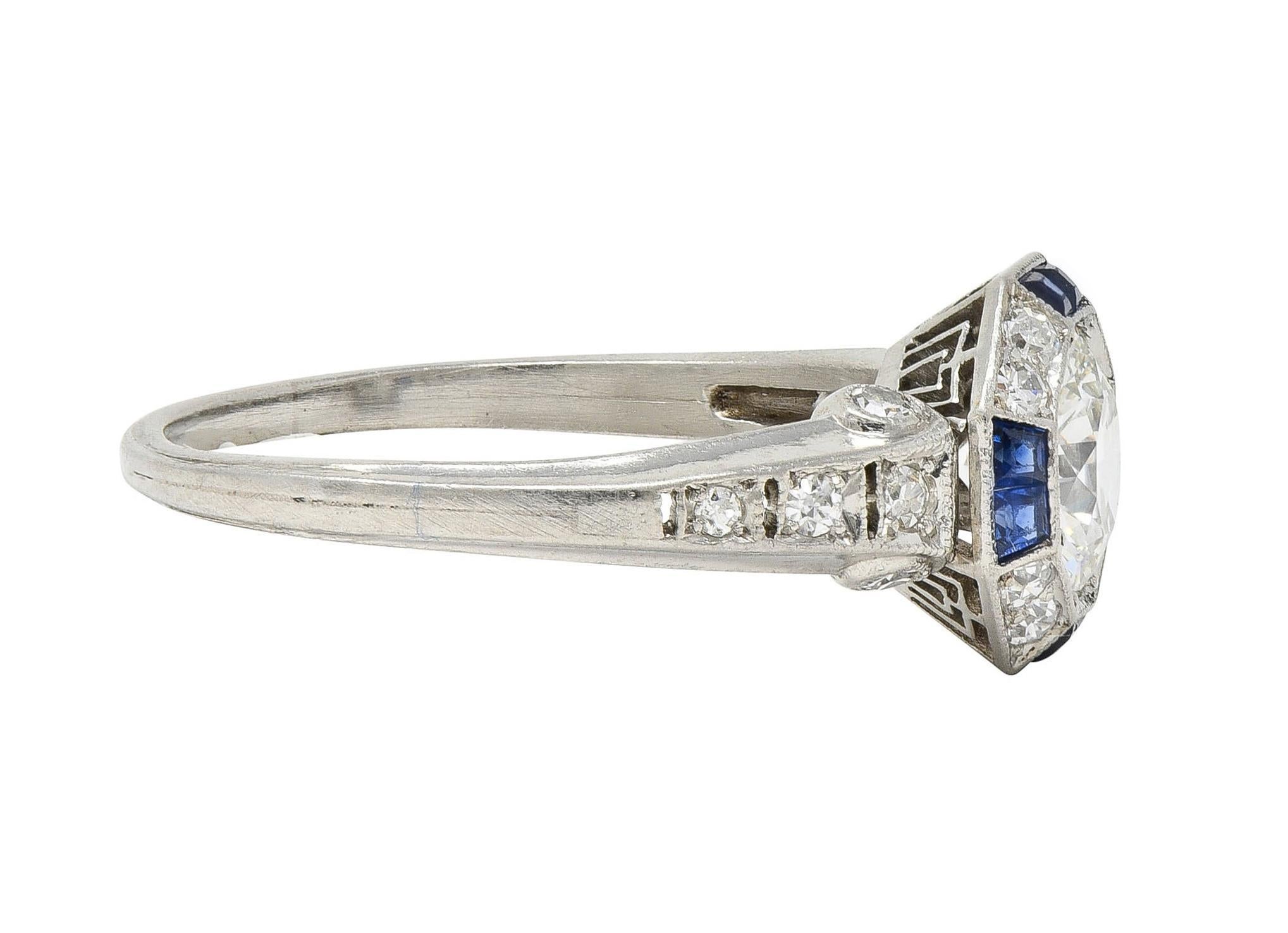 Women's or Men's Art Deco 1.38 CTW Old European Diamond Sapphire Platinum Vintage Engagement Ring For Sale