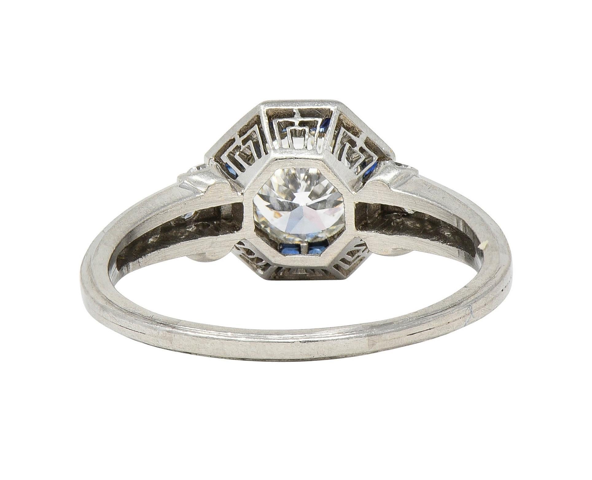 Art Deco 1.38 CTW Old European Diamond Sapphire Platinum Vintage Engagement Ring For Sale 1