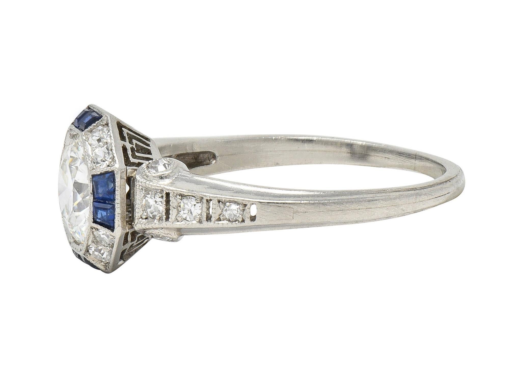 Art Deco 1.38 CTW Old European Diamond Sapphire Platinum Vintage Engagement Ring For Sale 2